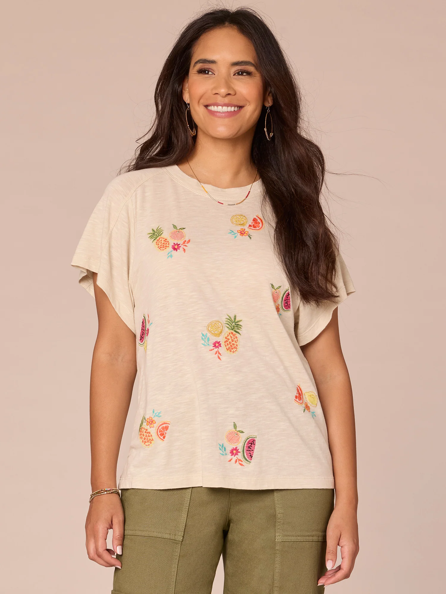 Short Sleeve Scoop Neck Embroidered Fruit Knit Boyfriend Tee
