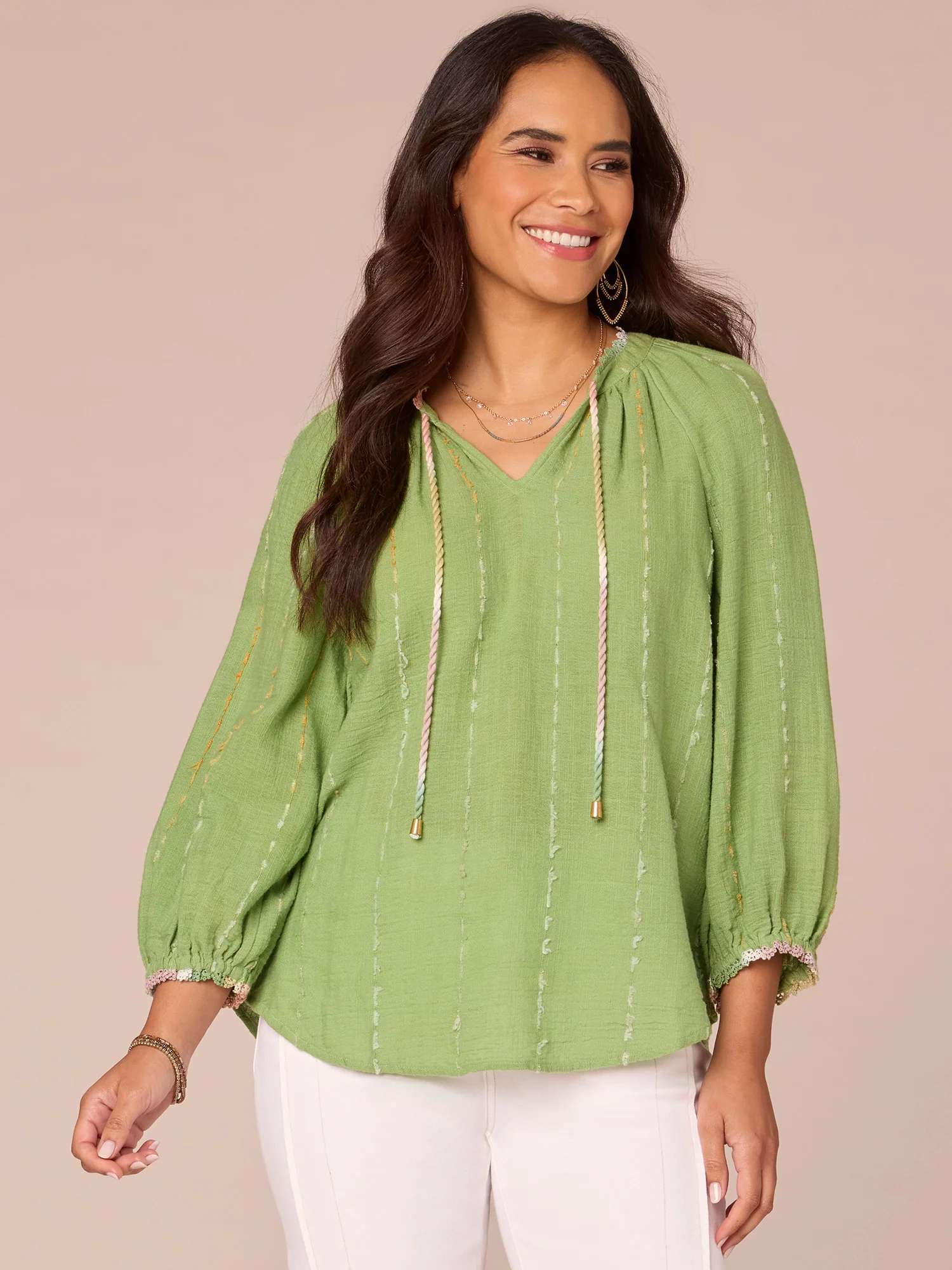 Long Crochet Blouson Sleeve Split V-Neck Braided Tie Front Woven Top