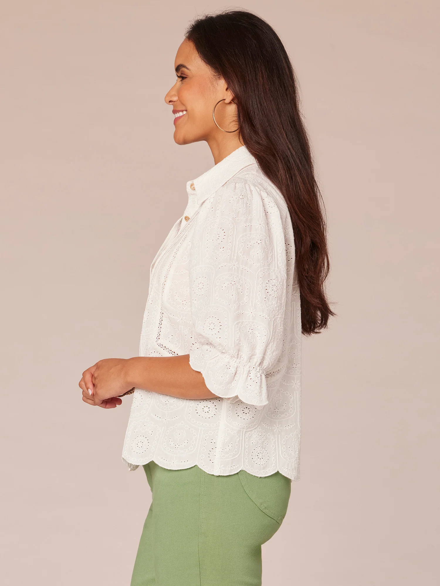 Three Quarter Blouson Sleeve Button Down Crochet Inset Woven Top