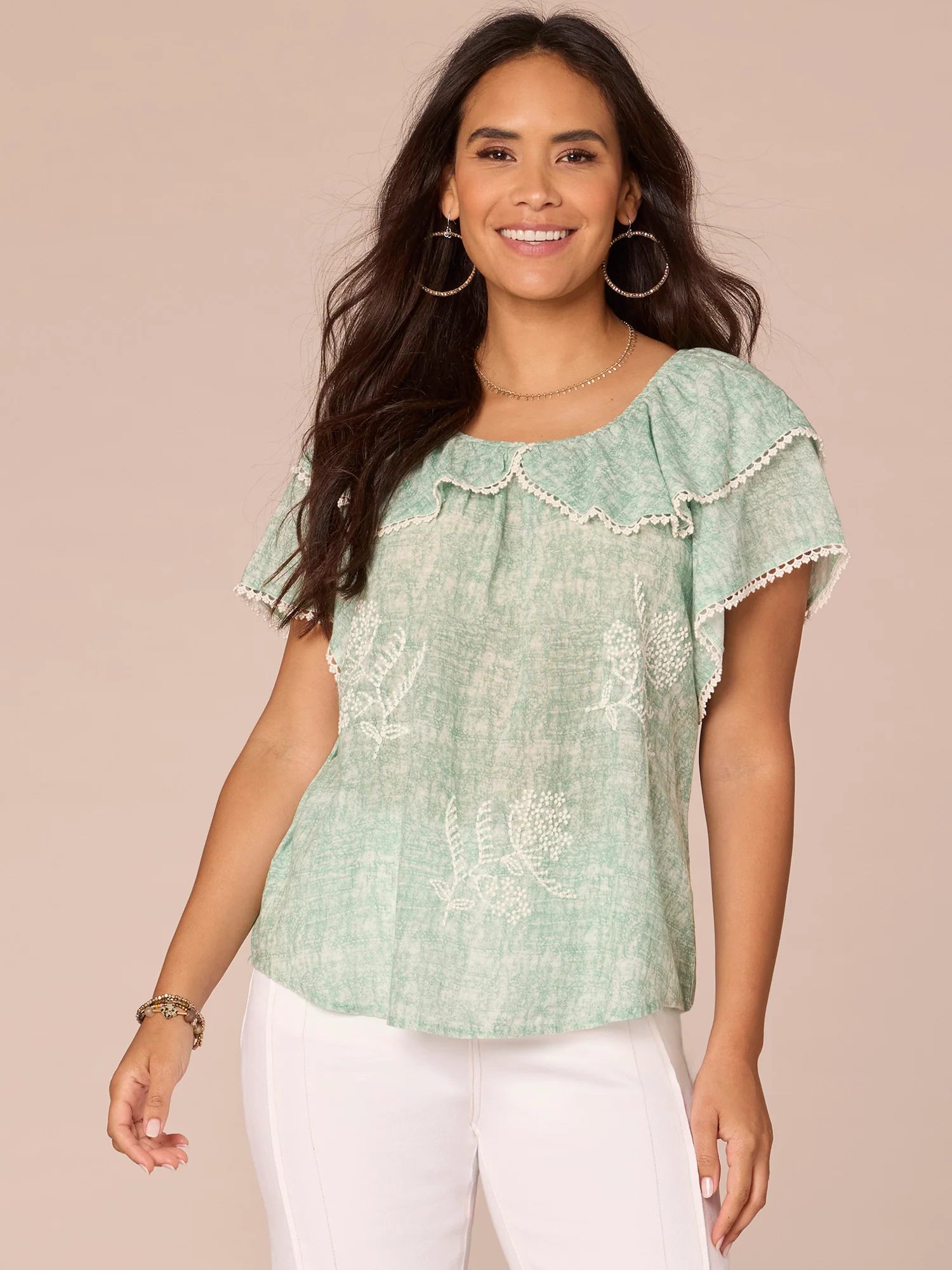 Double Layer Short Flounce Sleeve Round Neck Embroidered Woven Top