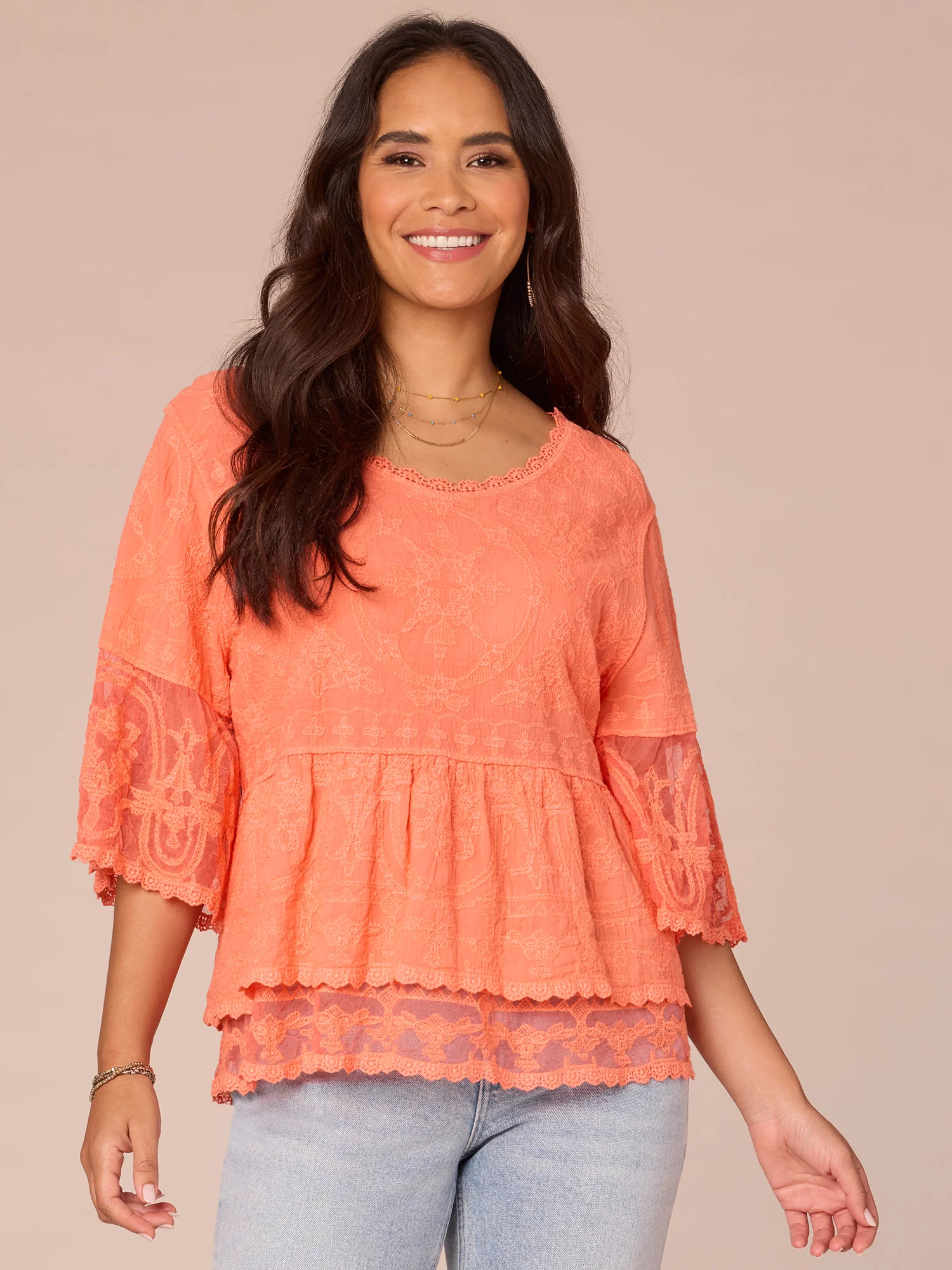 Three Quarter Bell Sleeve Scoop Neck Double Flounce Hem Woven Top