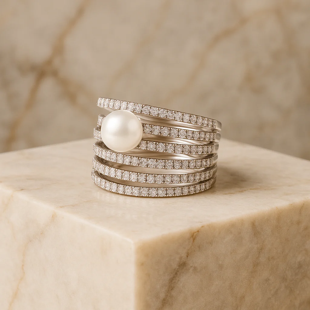 Silver Stack Pearl Ring