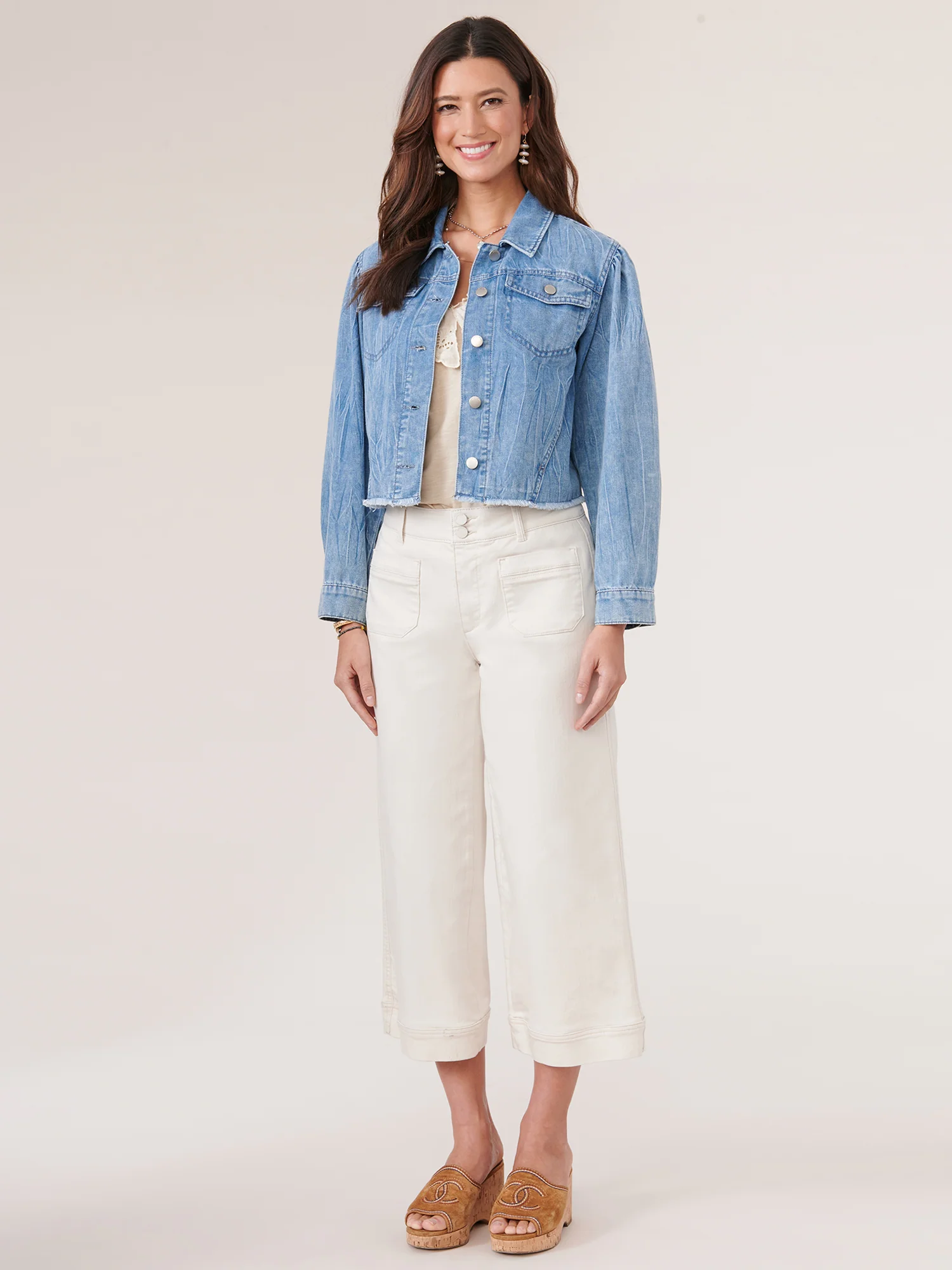 Long Puff Sleeve Button Down Fray Hem Denim Jacket