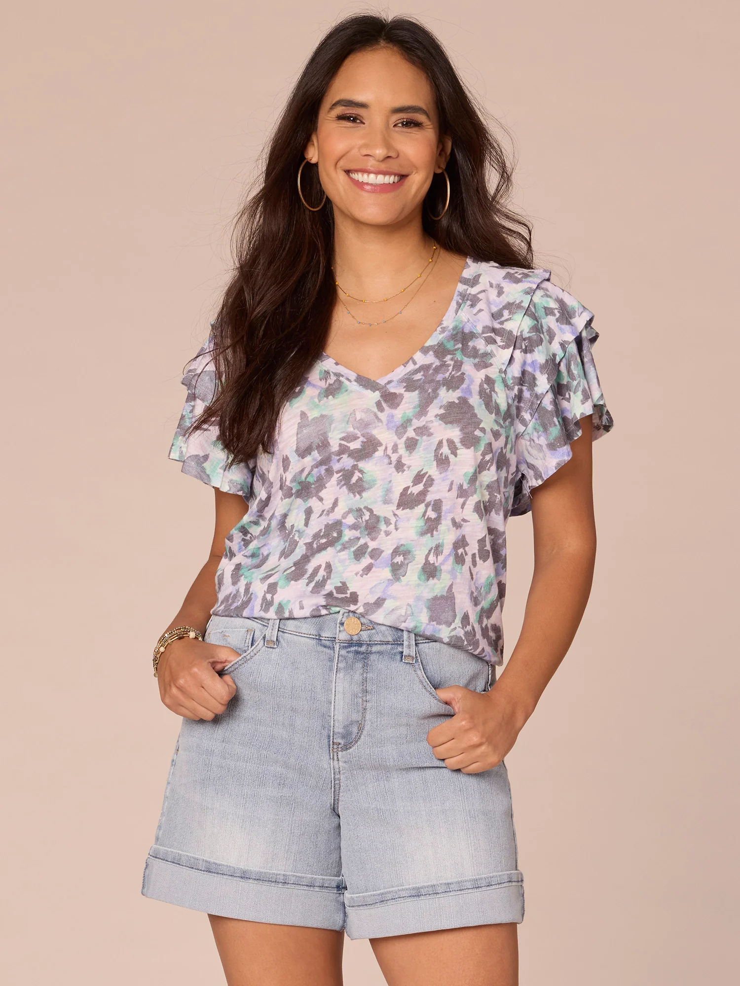 Short Three Tiered Bell Sleeve V-Neck Printed Knit Top