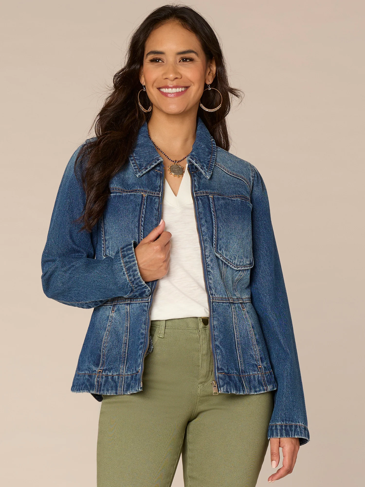 Long Sleeve Zip Front Curved Peplum Hem Jacket with Pockets