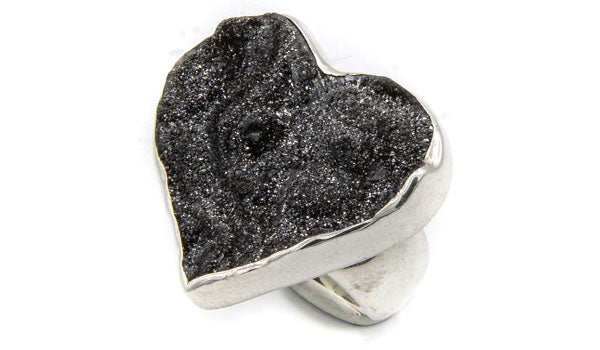 Sterling Silver Black Drusy Heart Adjustable Ring
