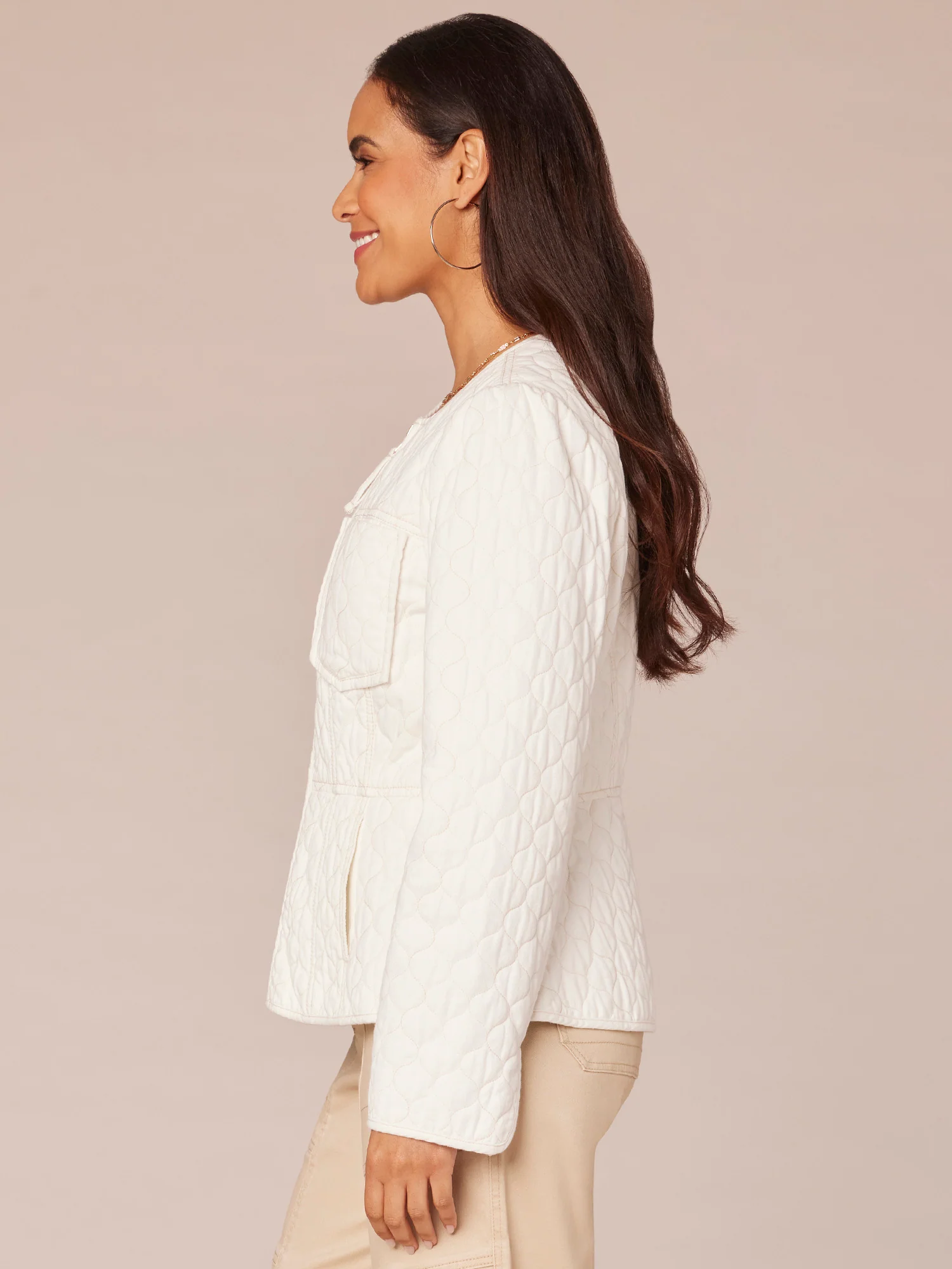 Long Sleeve Zip Front Quilted Peplum Jacket with Piped Edges