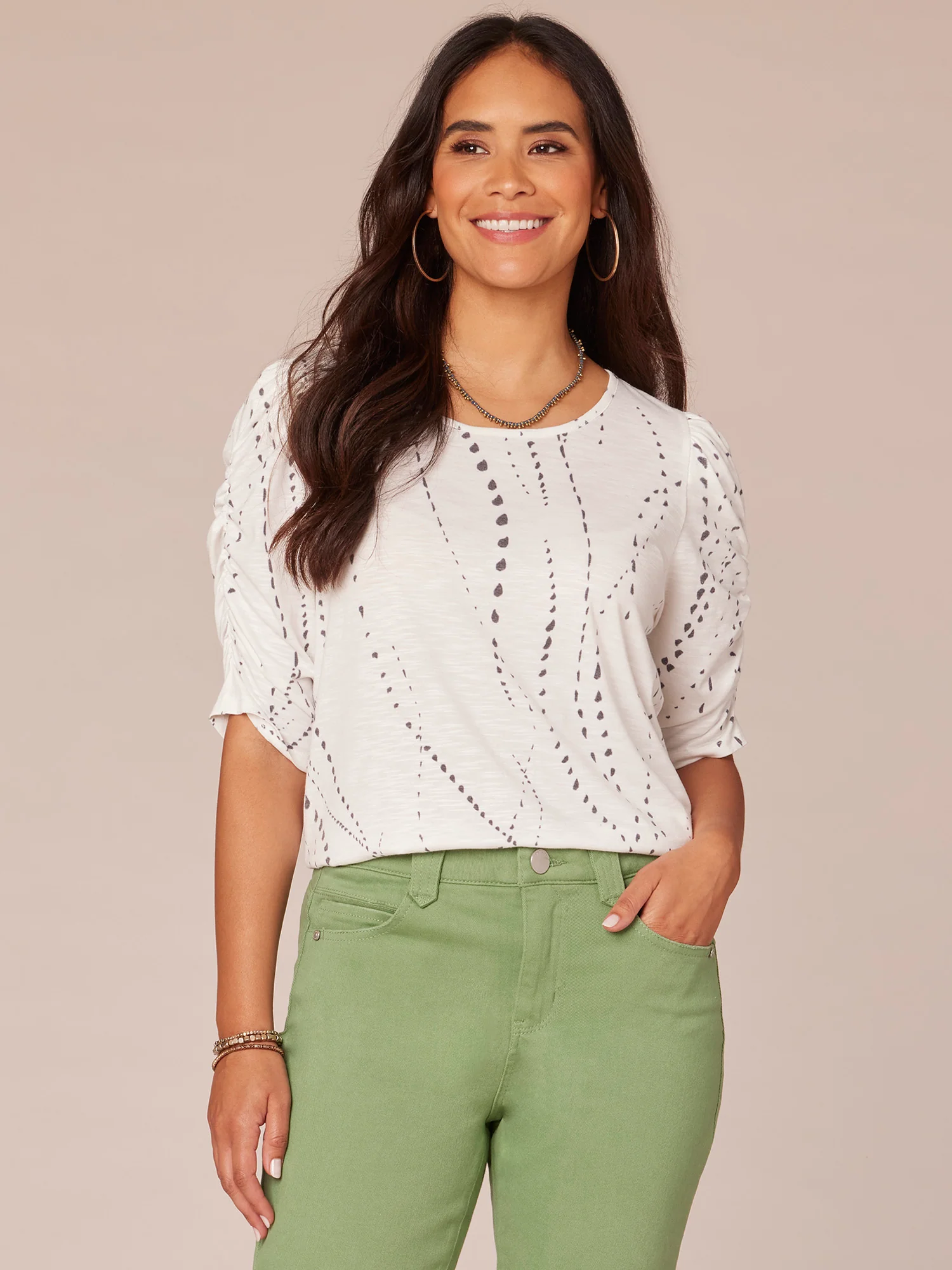 Ruched Elbow Sleeve Scoop Neck Dot Print Knit Top