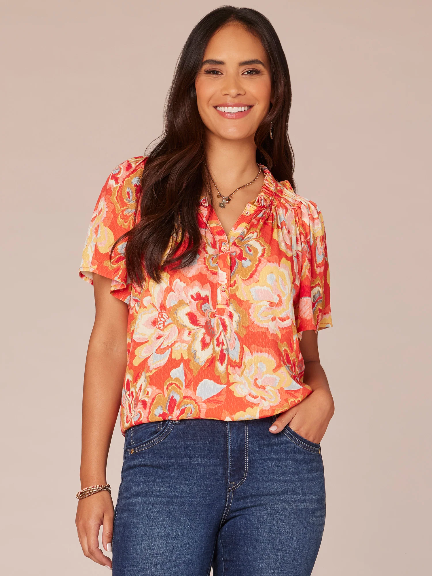 Short Bell Sleeve Ruffle Edge V-Neck Floral Print Woven Top