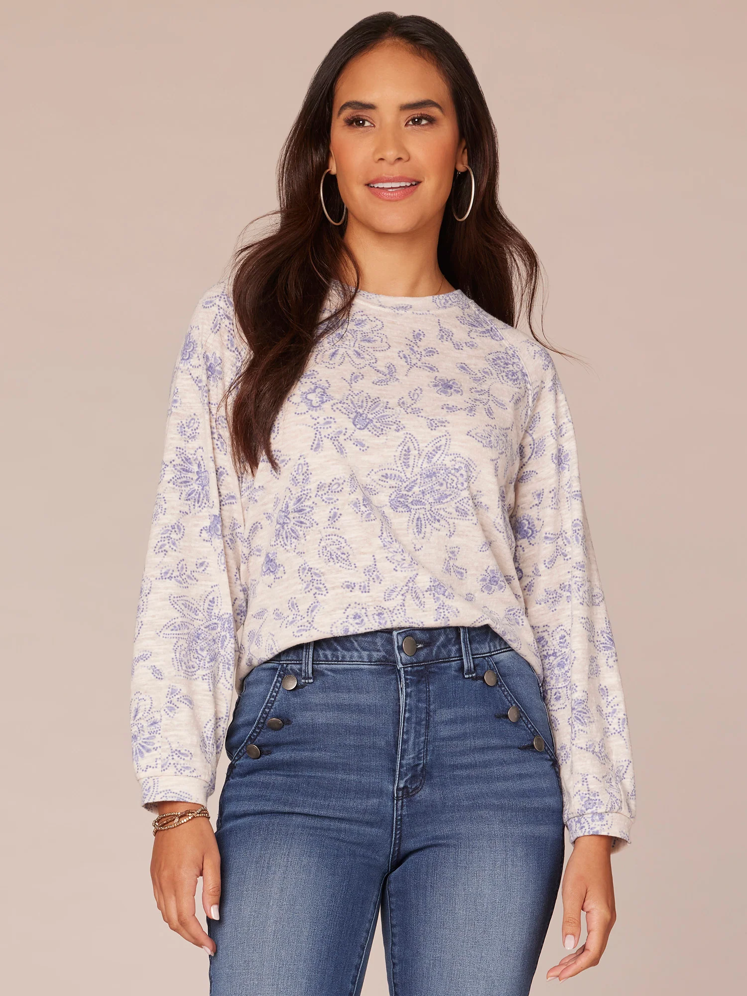 Long Raglan Sleeve Scoop Neck Floral Print Knit Top