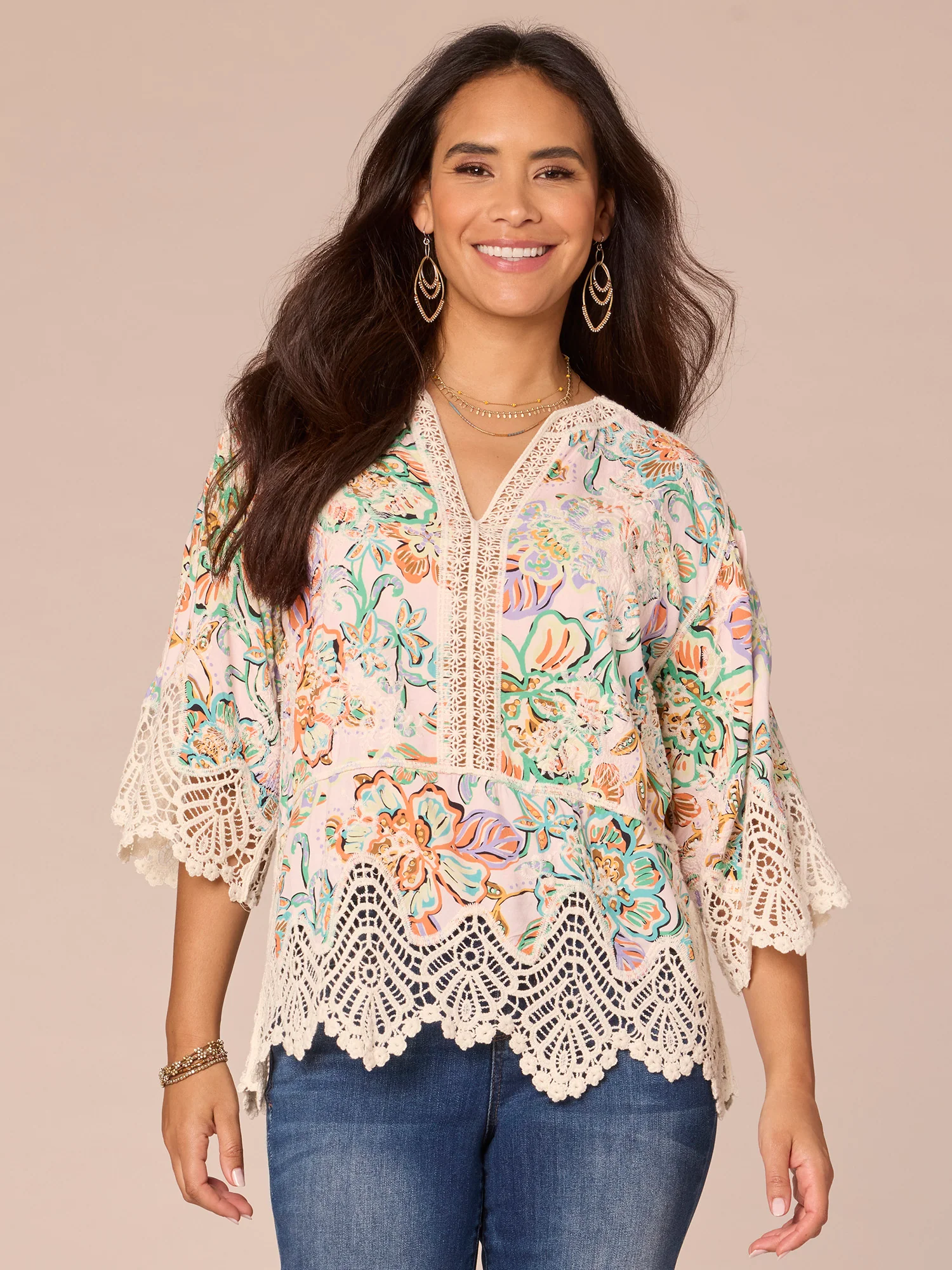 Three Quarter Sleeve V-Notch Neck Peplum Crochet Printed Woven Top
