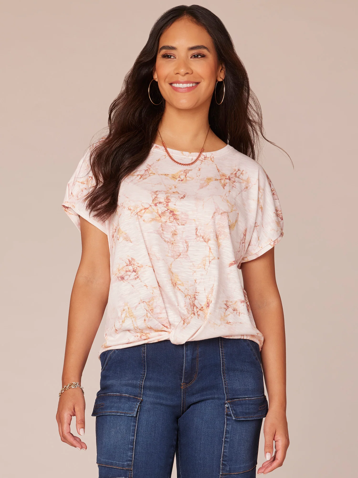 Short Pleated Sleeve Scoop Neck Marble Print Knit Top with Twist Hem