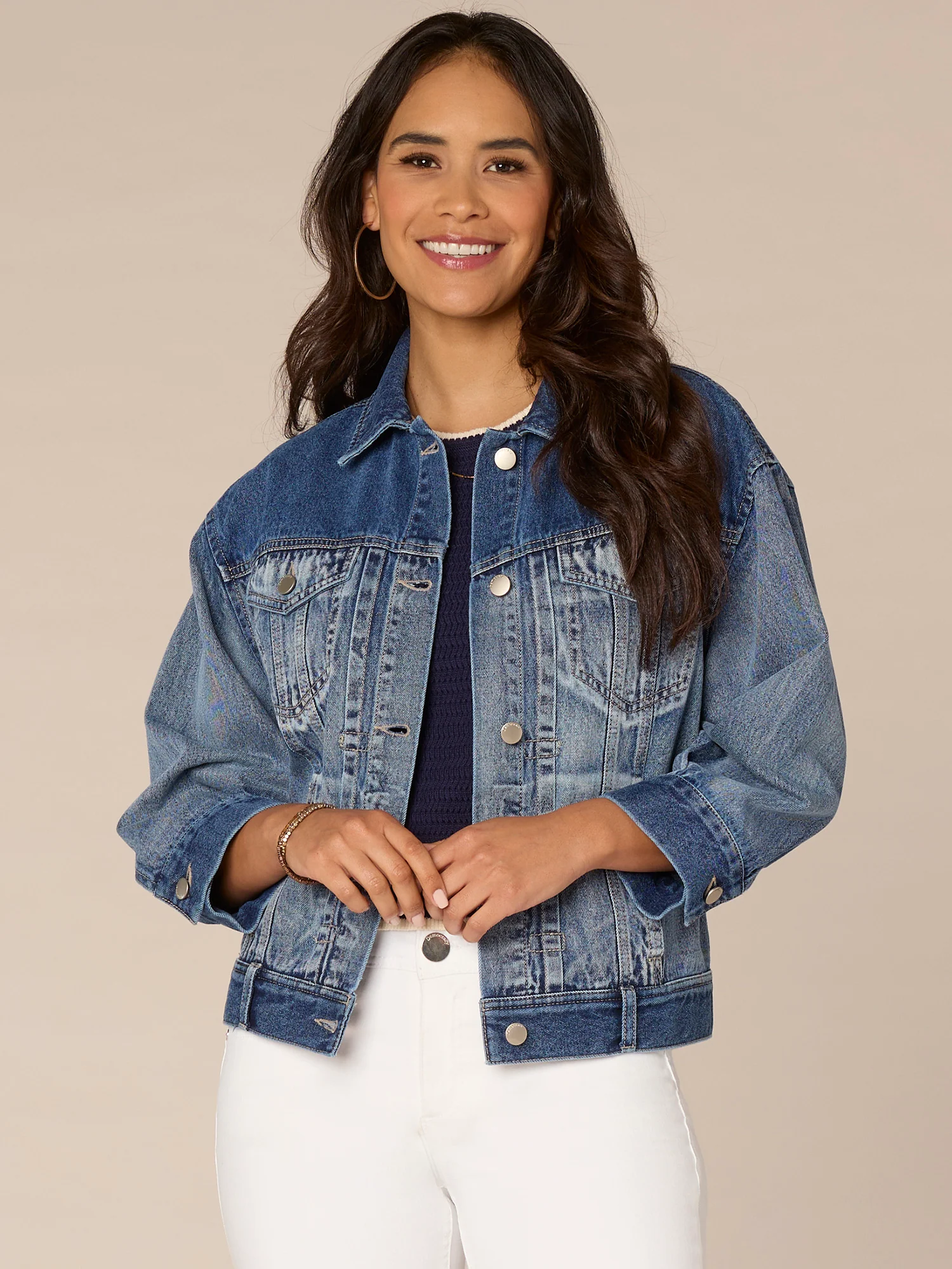 Long Barrel Sleeve Button Front Western Angle Pocket Denim Jacket