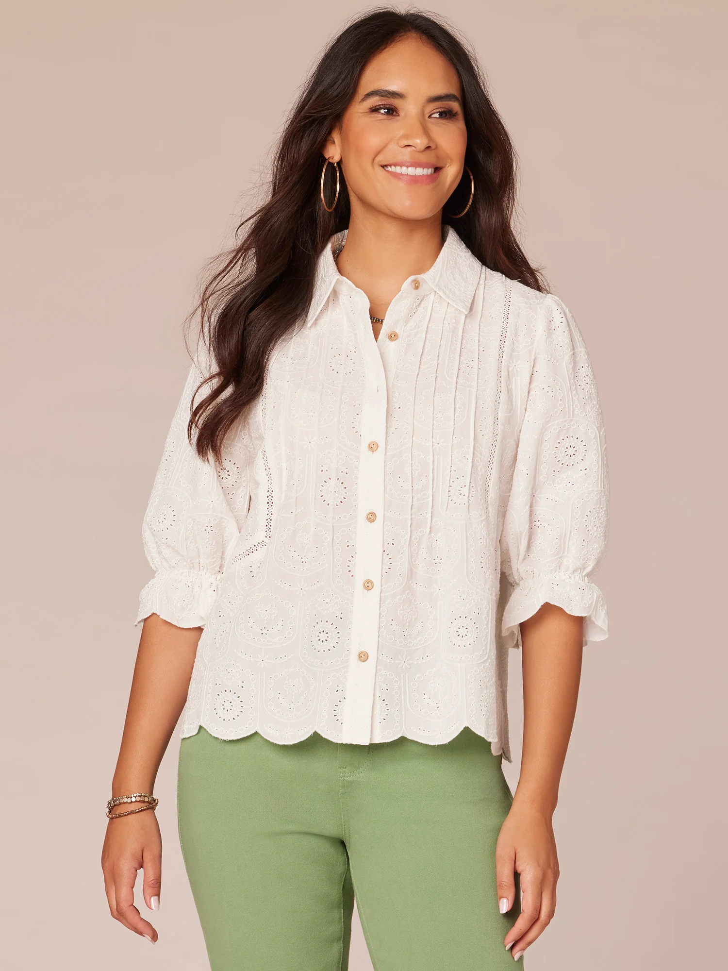 Three Quarter Blouson Sleeve Button Down Crochet Inset Woven Top