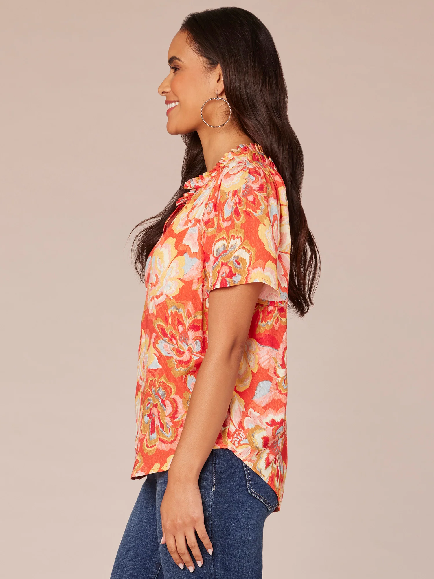Short Bell Sleeve Ruffle Edge V-Neck Floral Print Woven Top