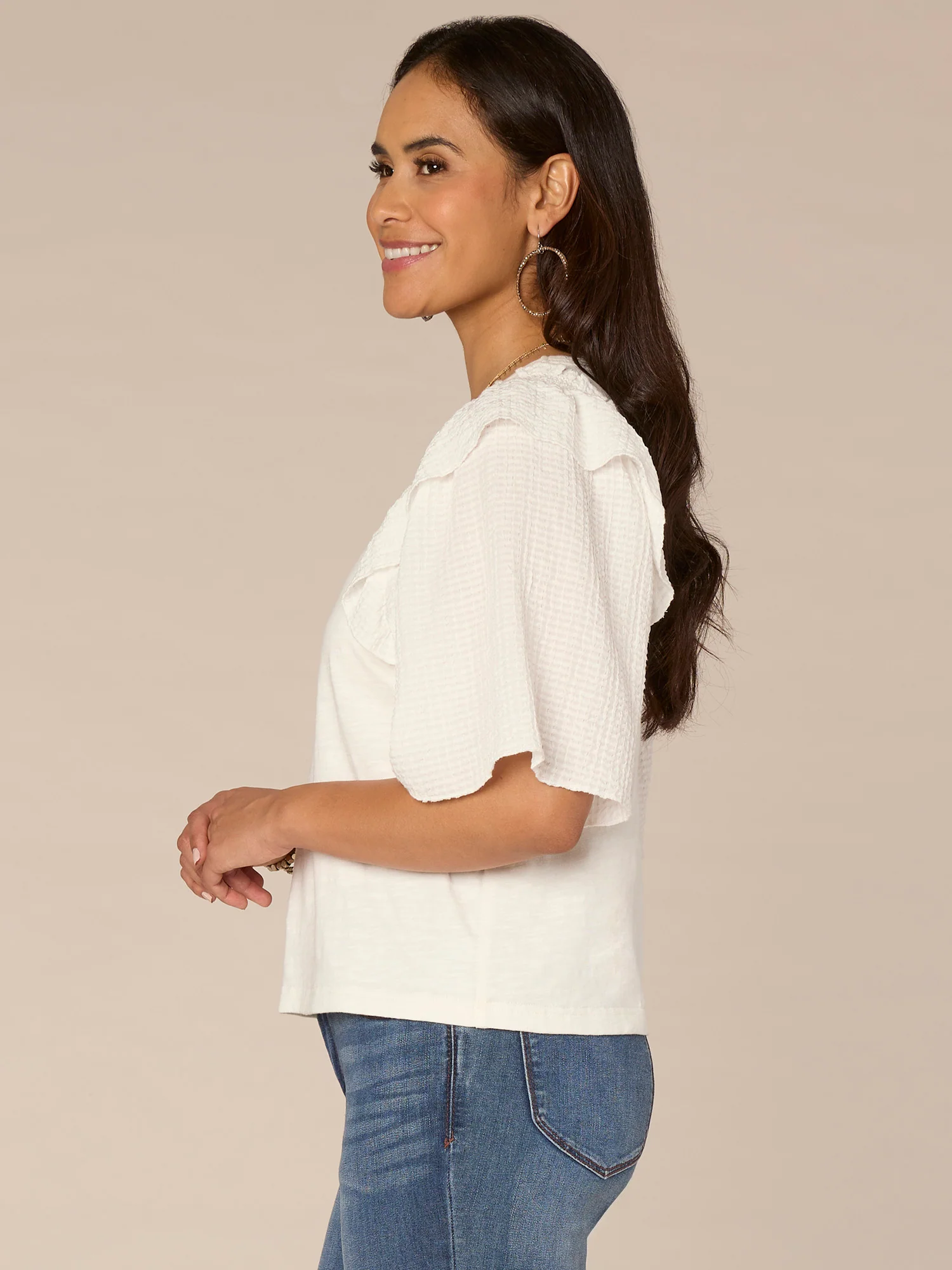 Smock Short Sleeve Ruffle Shoulder Round Neck Mixed Media Top