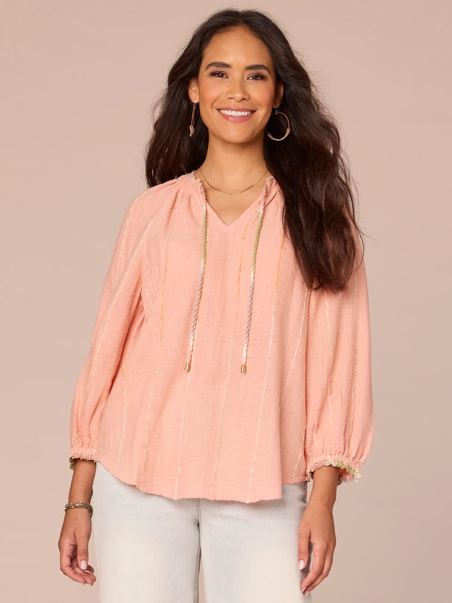 Long Crochet Blouson Sleeve Split V-Neck Braided Tie Front Woven Top