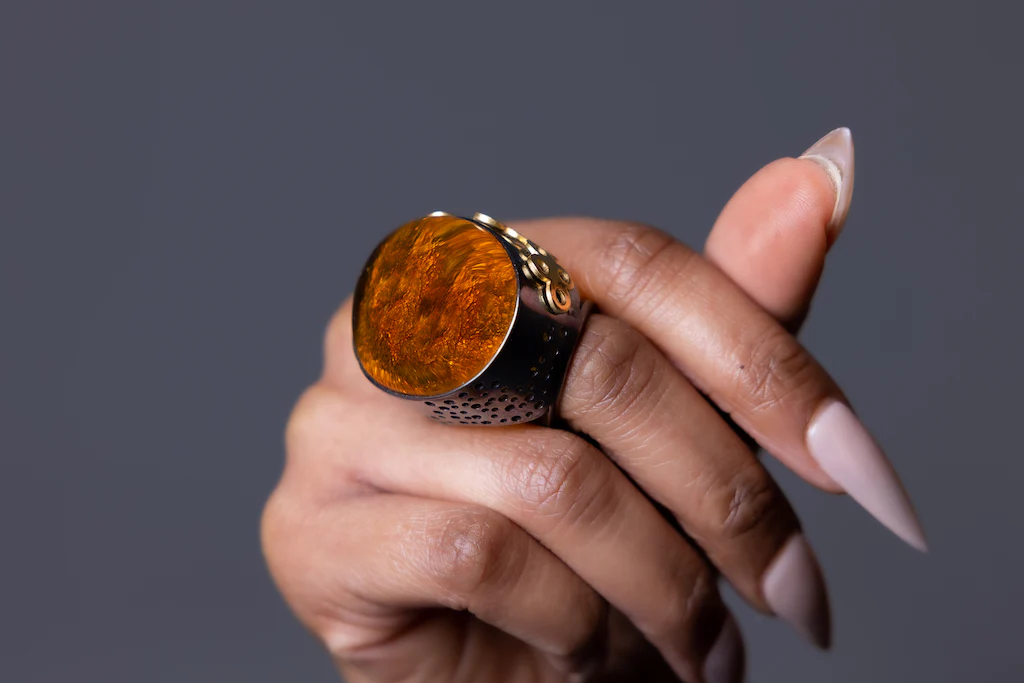 Luxury Sterling Silver Oversized Adjustable Baltic Amber Ring