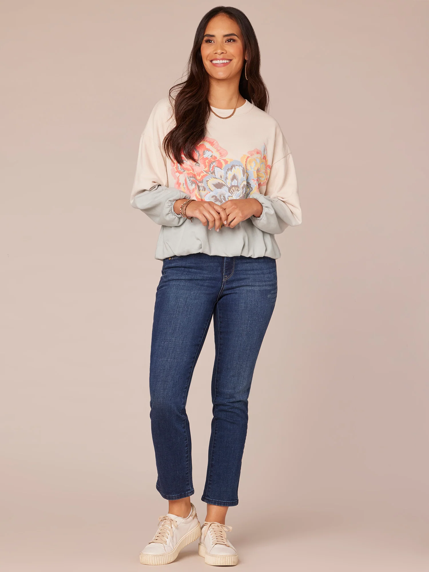 Long Sleeve Crew Neck Dip Dye Screen Print Bubble Hem Knit Sweatshirt