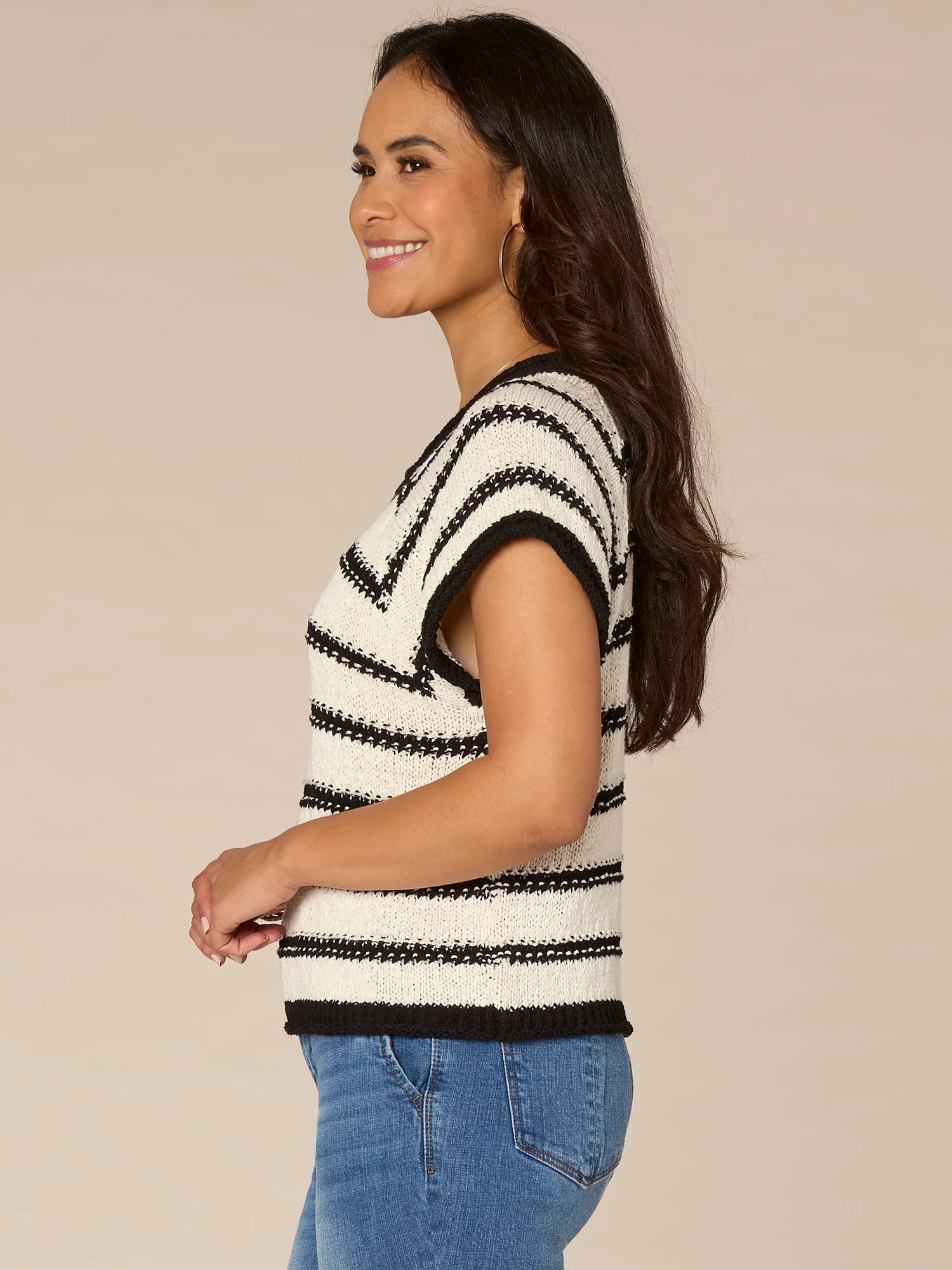 Raglan Extended Short Sleeve Round Neck Novelty Stripe Sweater