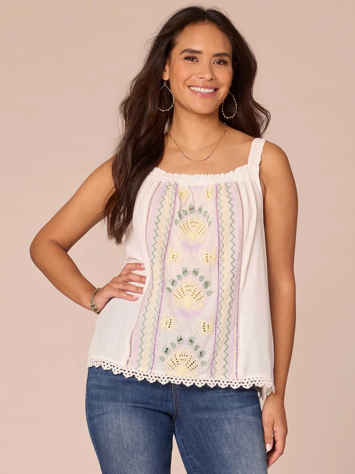 Wide Strap Ruched Square Neck Embroidered Scallop Edge Woven Tank Top