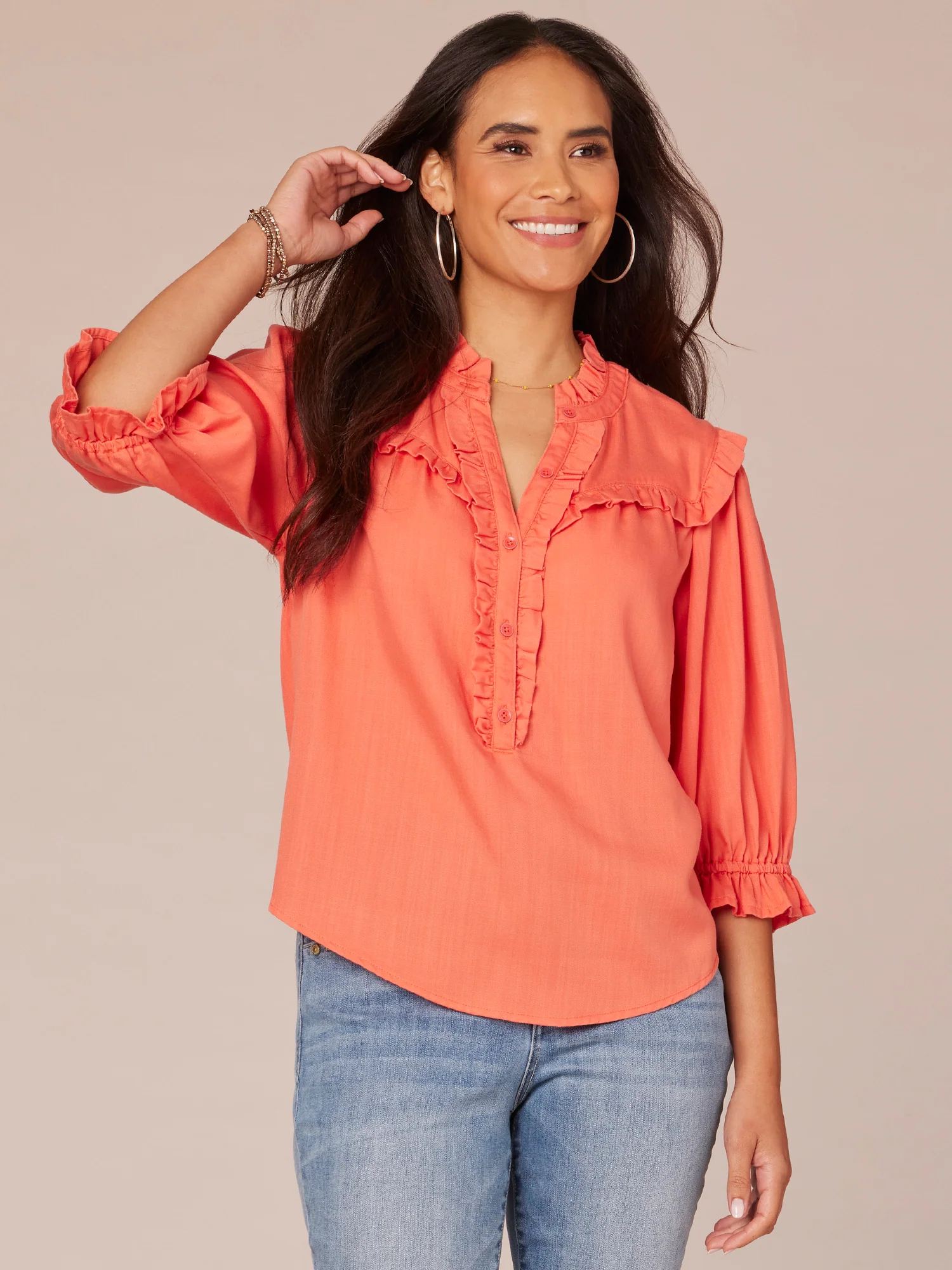 Elbow Lantern Sleeve Split V-Neck Ruffle Edge Placket Woven Shirt