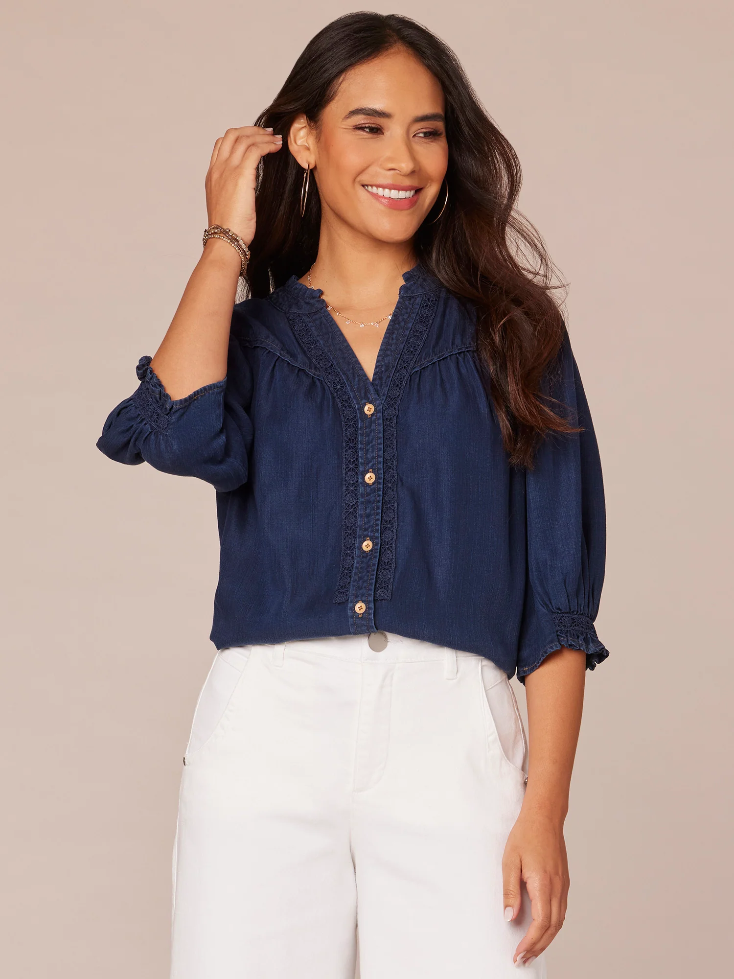 Below Elbow Sleeve Ruffle Edge Split V-Neck Button Down Woven Top