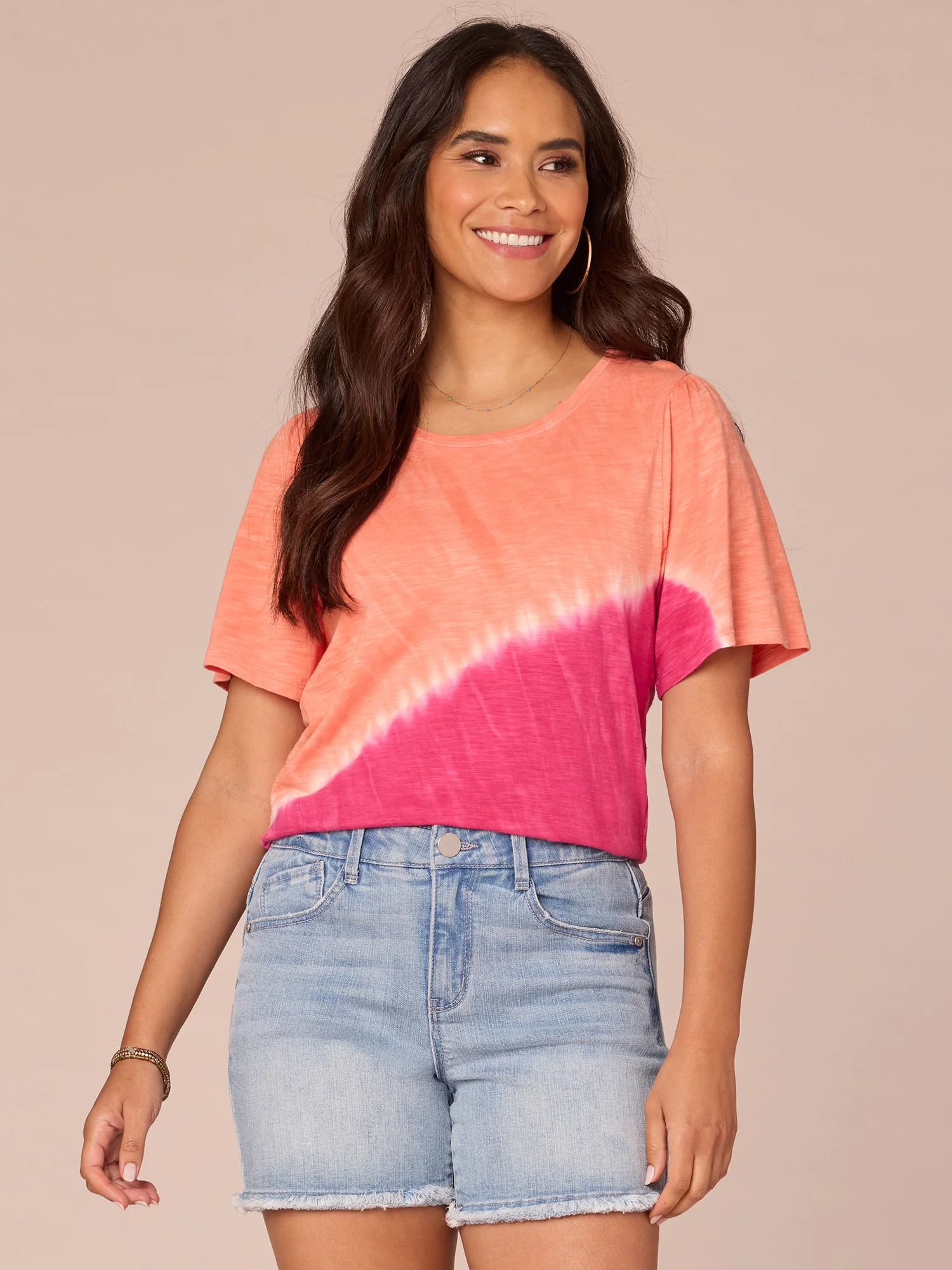 Short Bell Sleeve Scoop Neck Placement Tie Dye Knit Tee