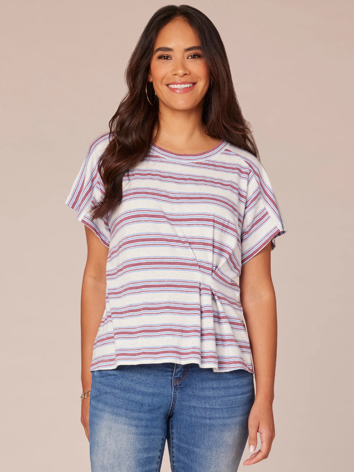 Short Sleeve Crew Neck Side Pleat Stripe Print Knit Top