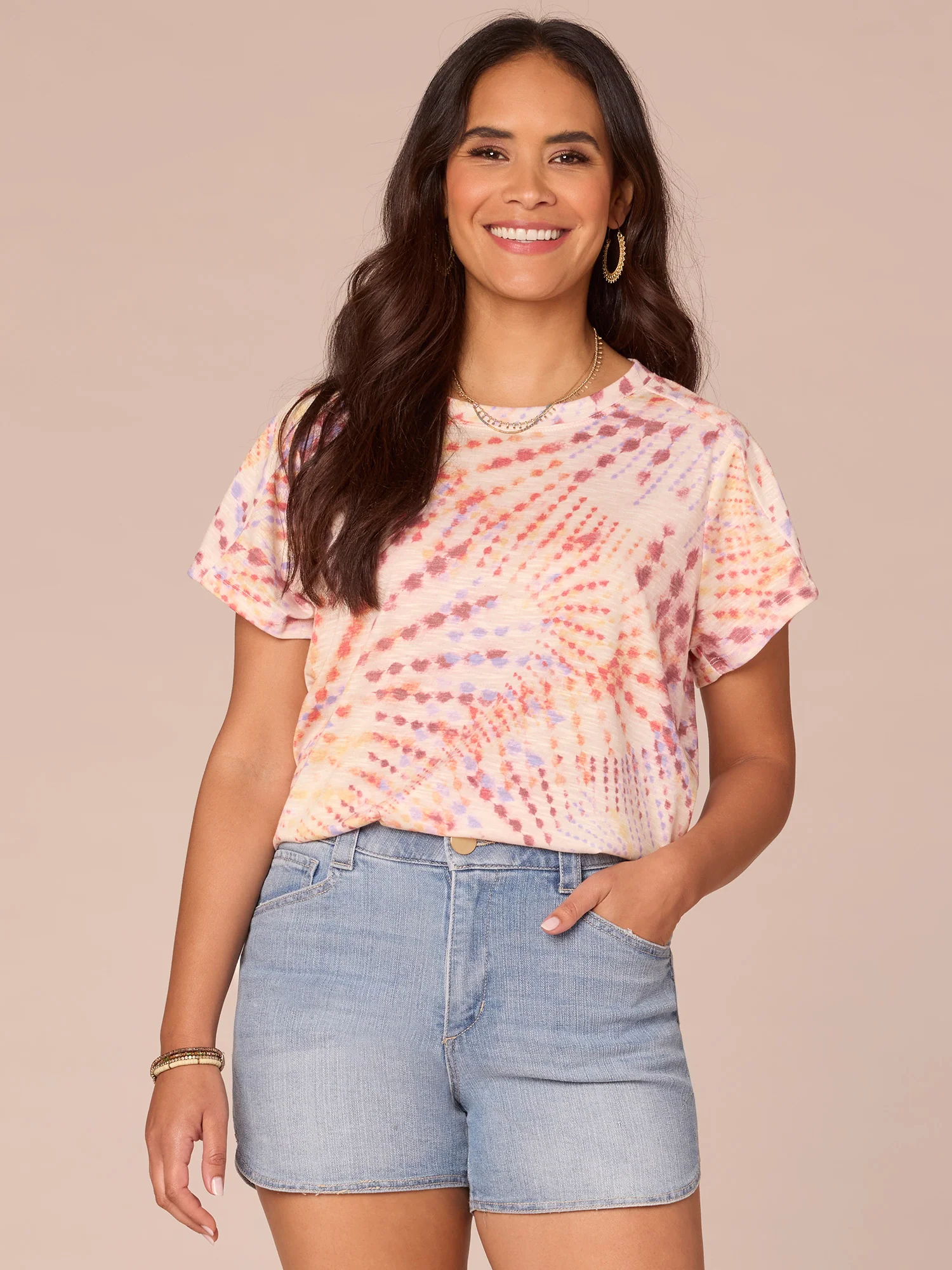 Short Sleeve Scoop Neck Placement Print Knit Boyfriend Tee