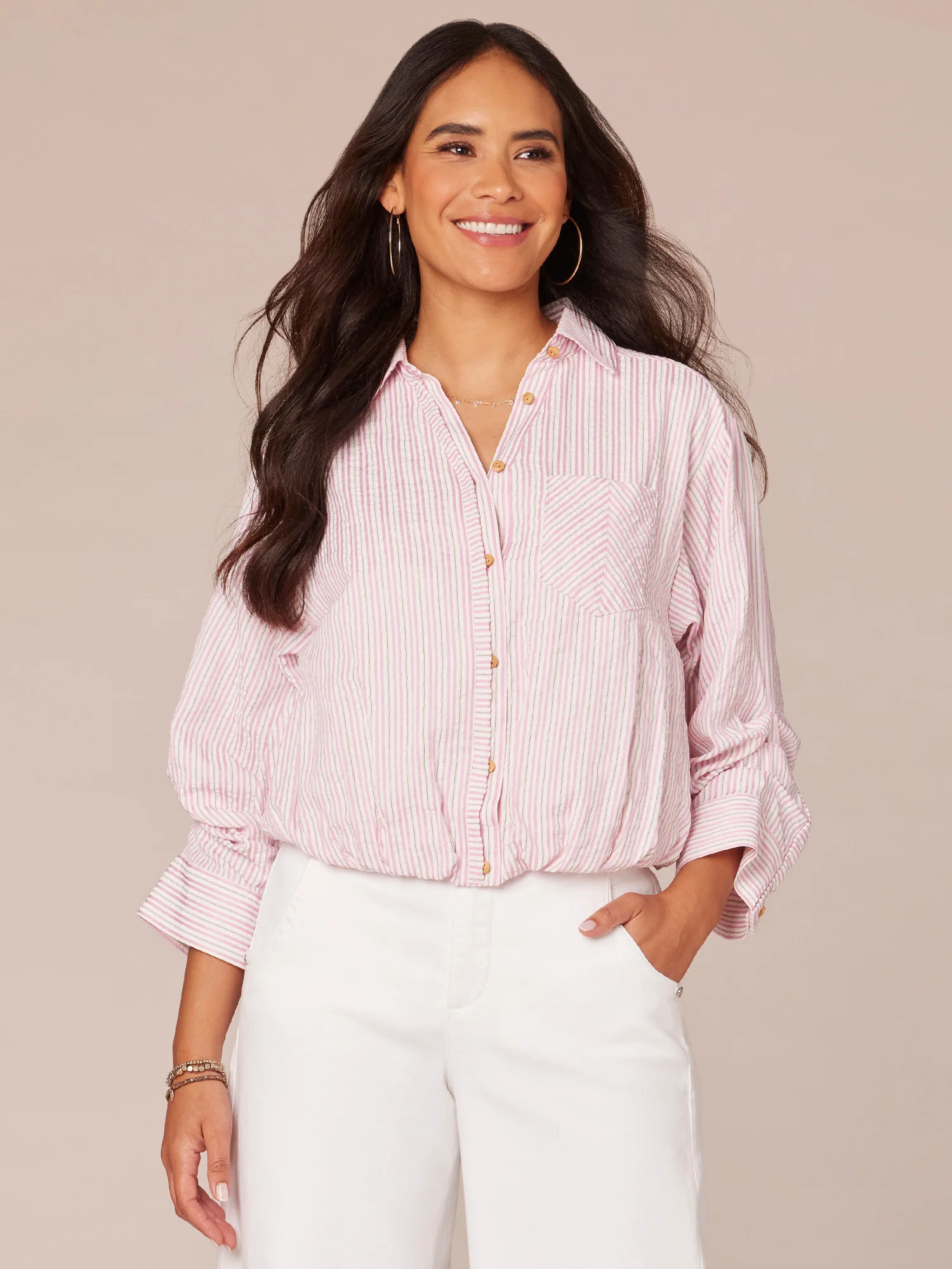 Three Quarter Tucked Sleeve Button Down Spliced Stripe Woven Shirt