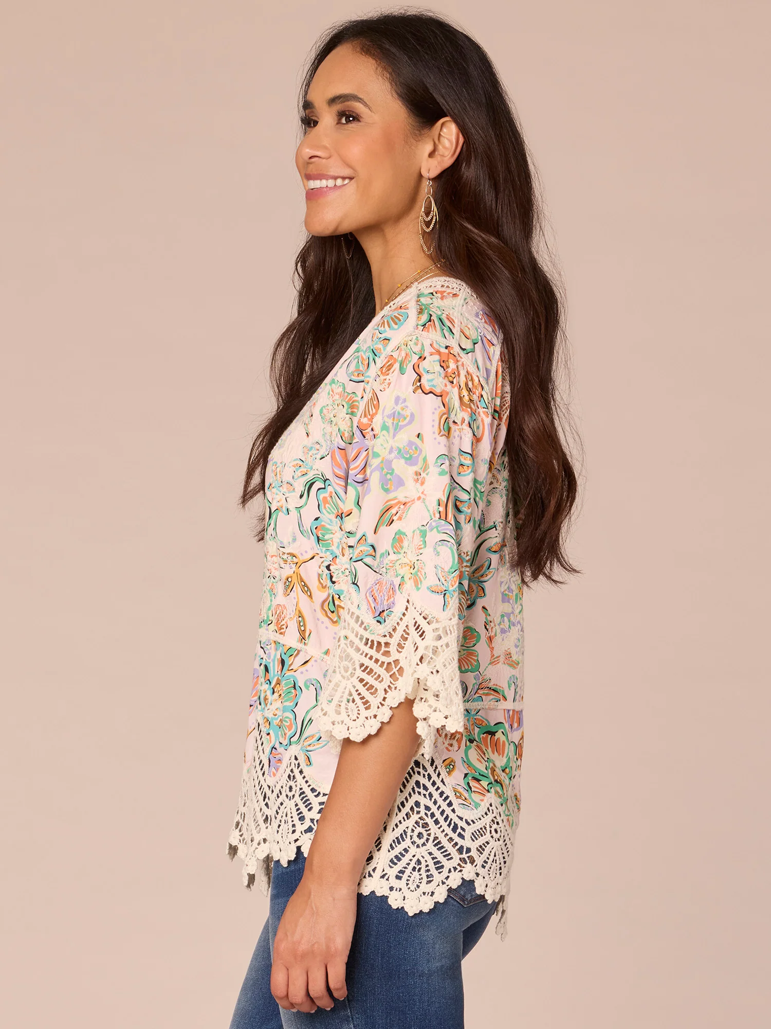 Three Quarter Sleeve V-Notch Neck Peplum Crochet Printed Woven Top