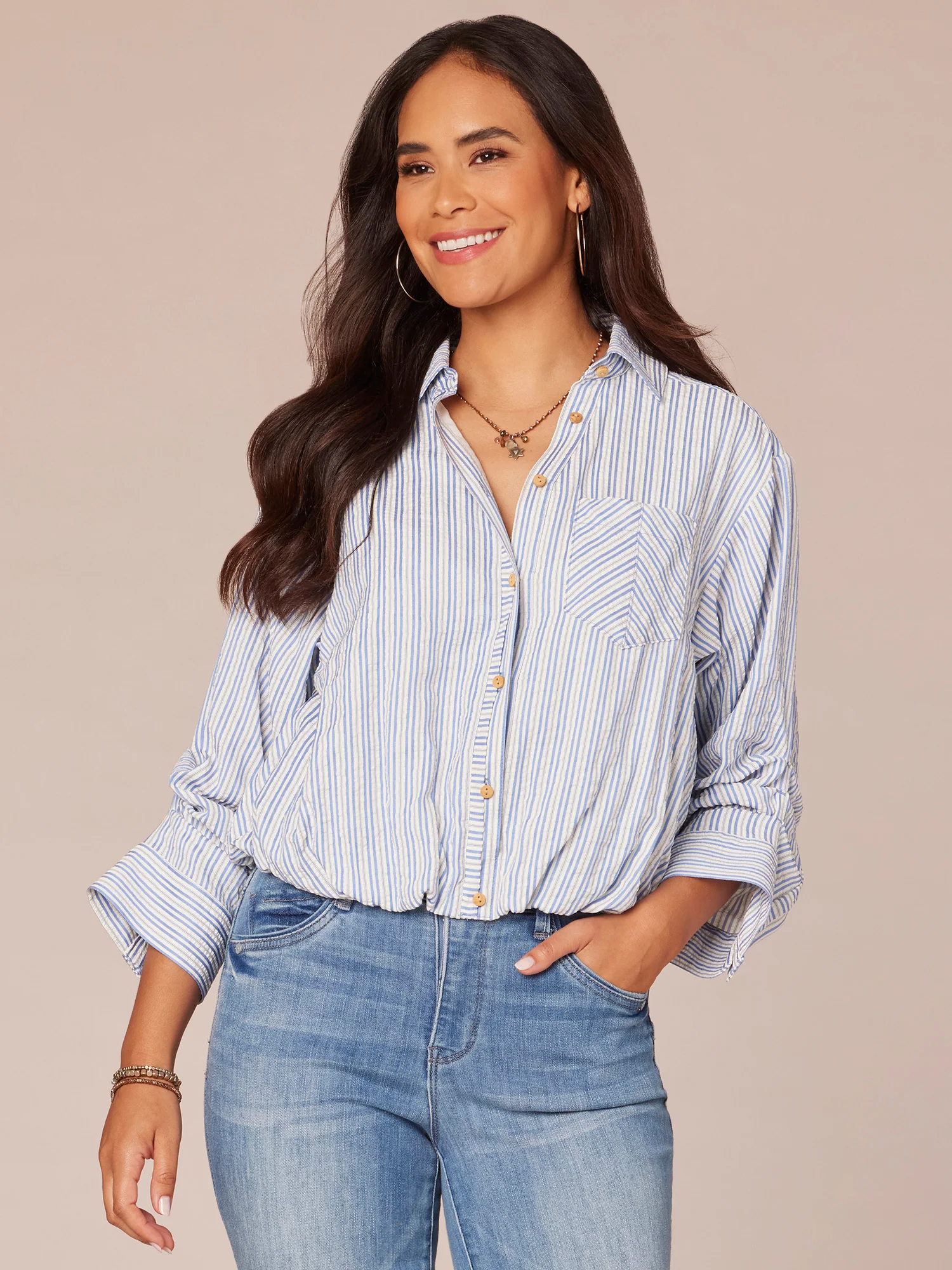 Three Quarter Tucked Sleeve Button Down Spliced Stripe Woven Shirt