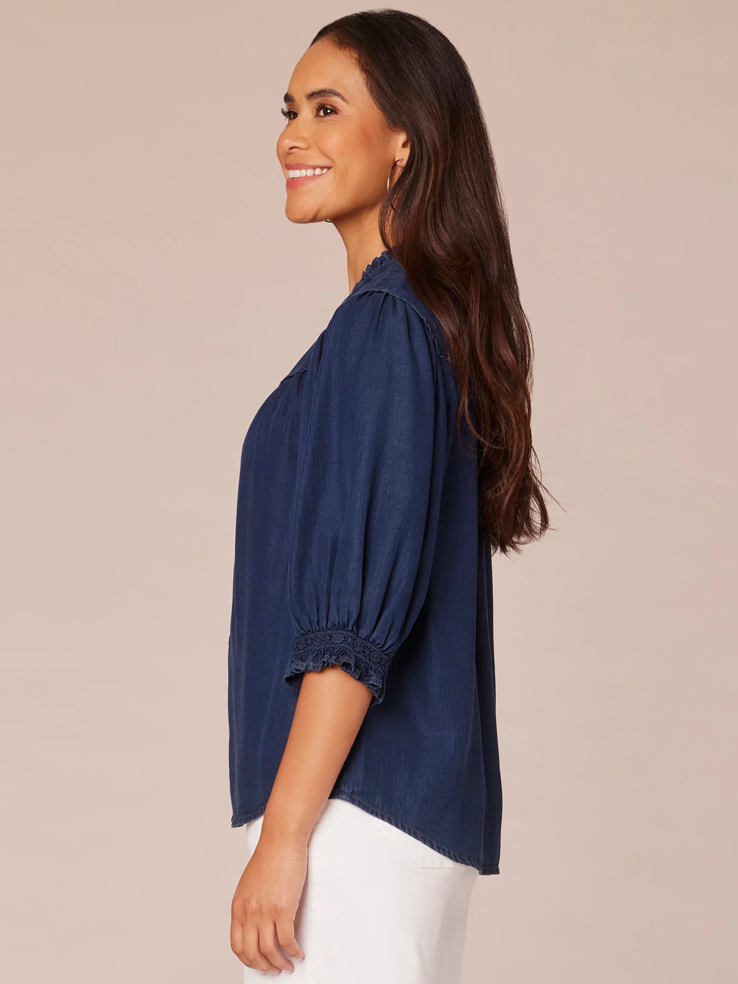 Below Elbow Sleeve Ruffle Edge Split V-Neck Button Down Woven Top