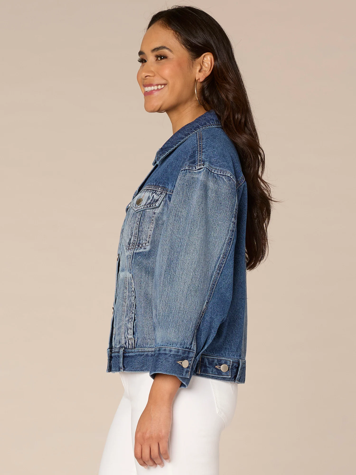 Long Barrel Sleeve Button Front Western Angle Pocket Denim Jacket