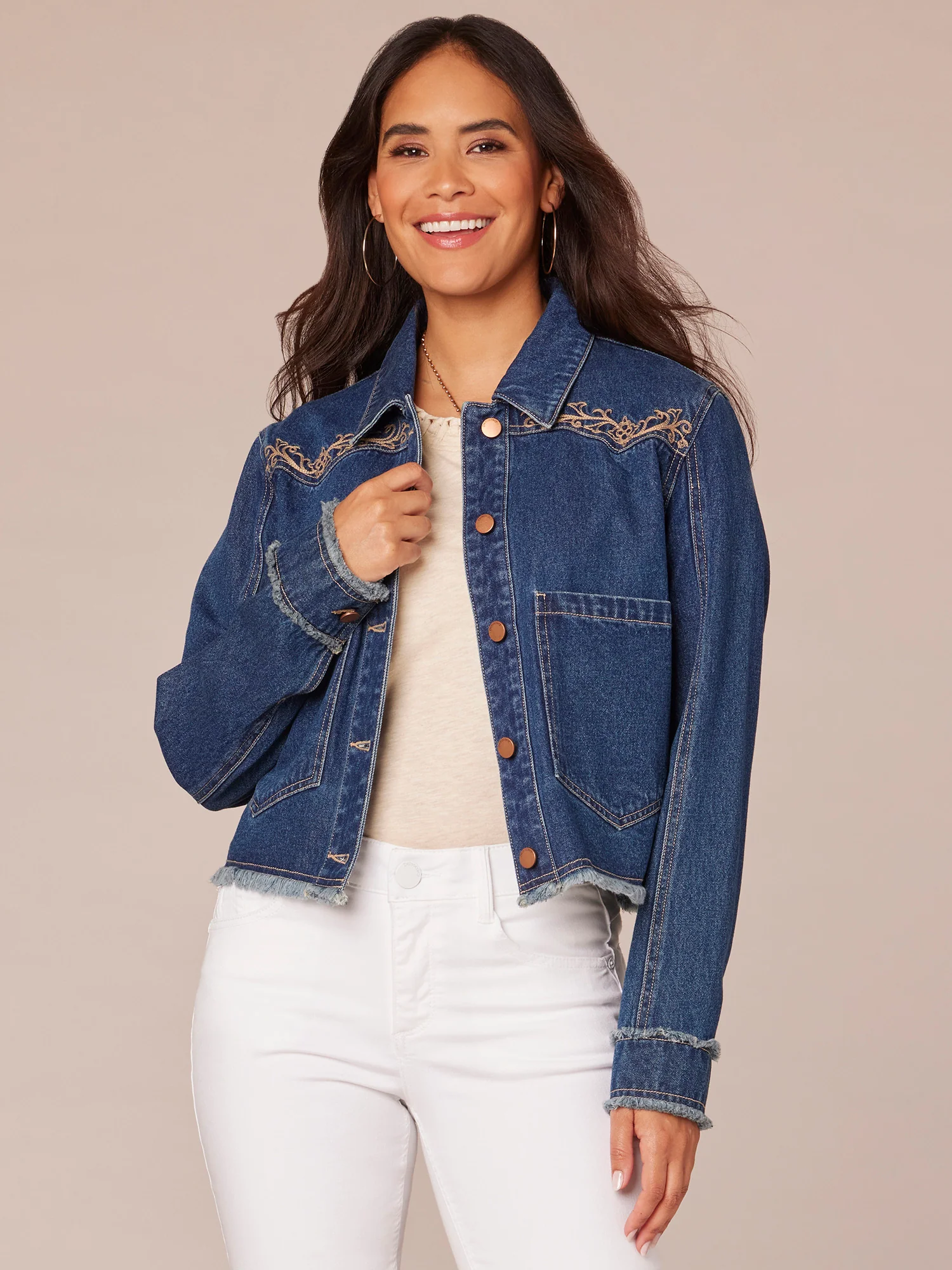 Long Sleeve Fray Cuff Button Front Denim Jacket with Embroidered Yoke