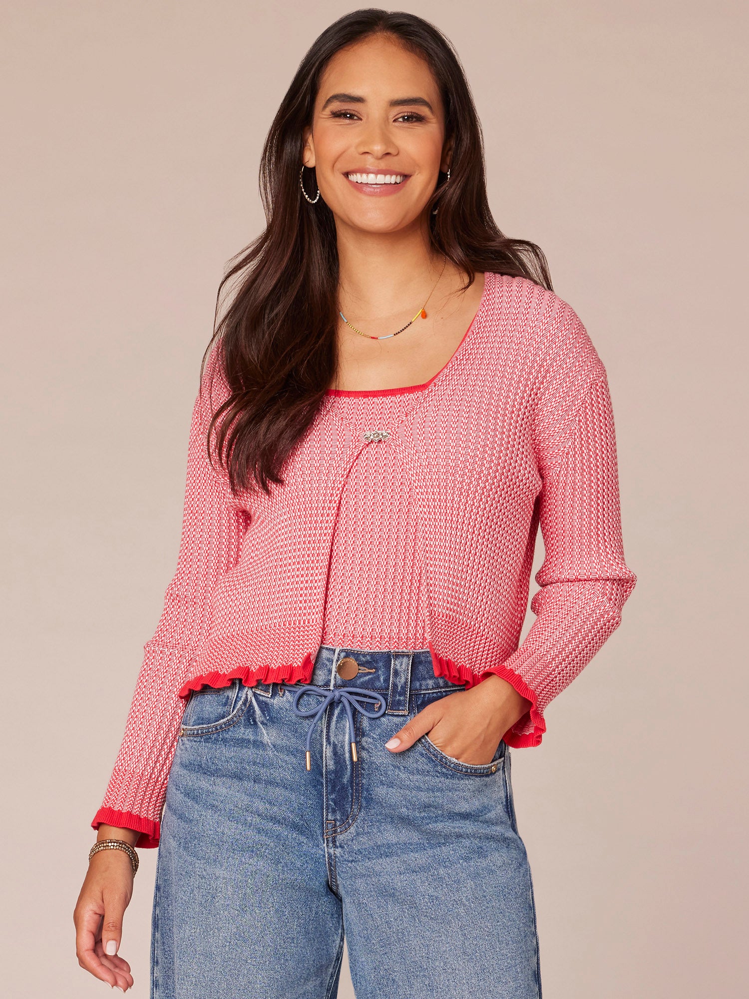 Long Sleeve Front Closure Sweater Cardigan with Tipping Detail