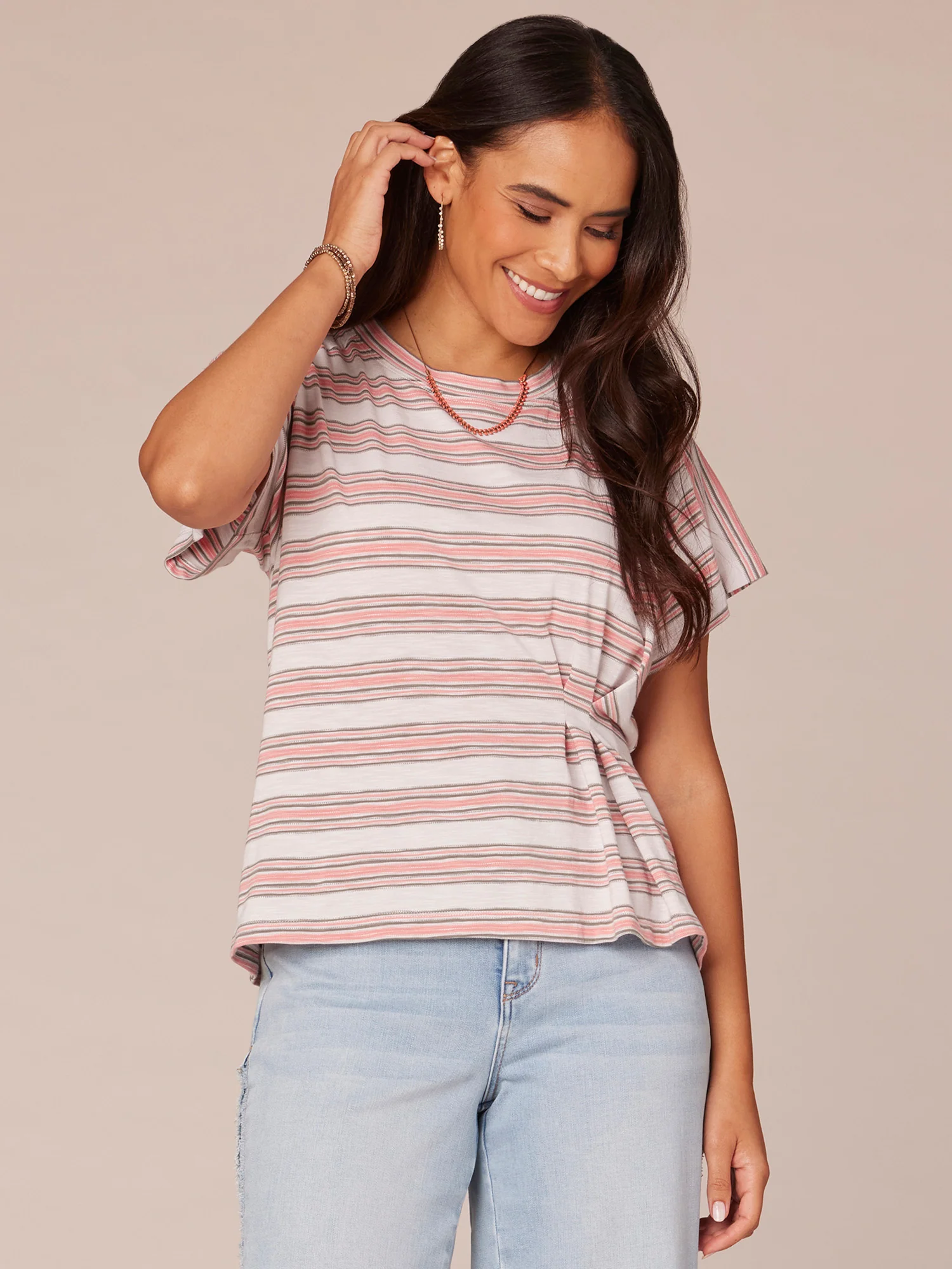Short Sleeve Crew Neck Side Pleat Stripe Print Knit Top