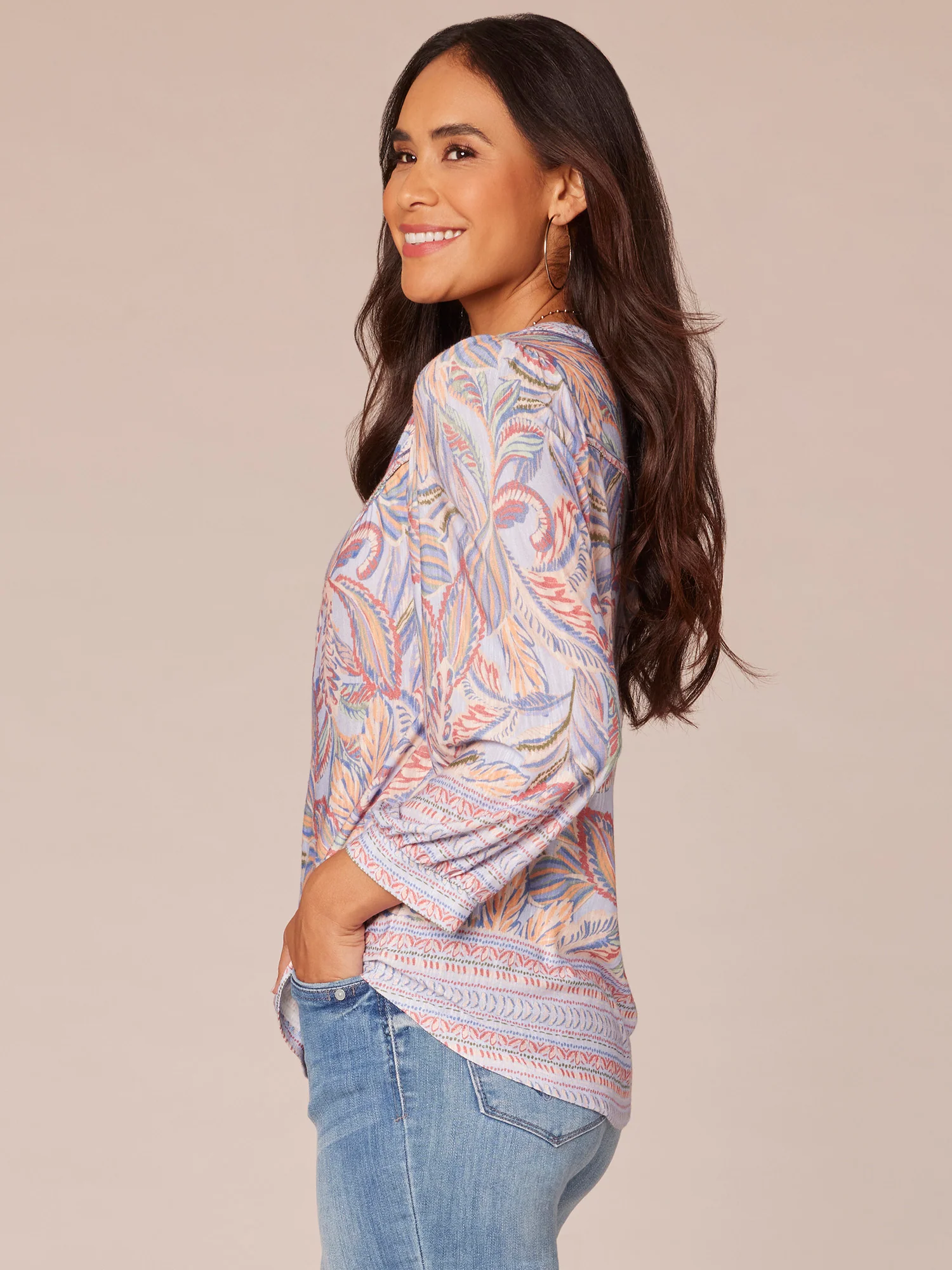 Three Quarter Blouson Sleeve Split Neck Border Print Knit Top