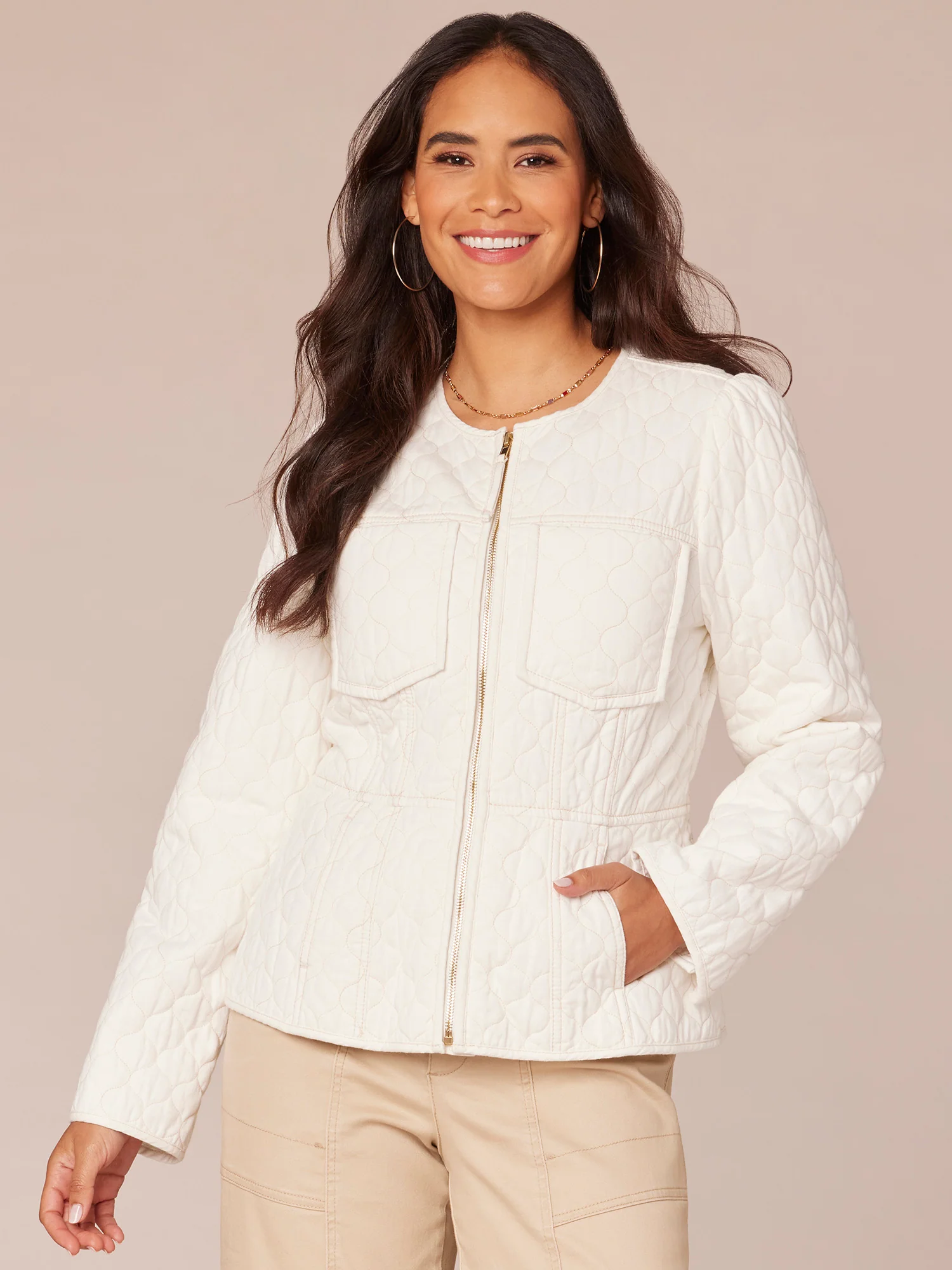 Long Sleeve Zip Front Quilted Peplum Jacket with Piped Edges