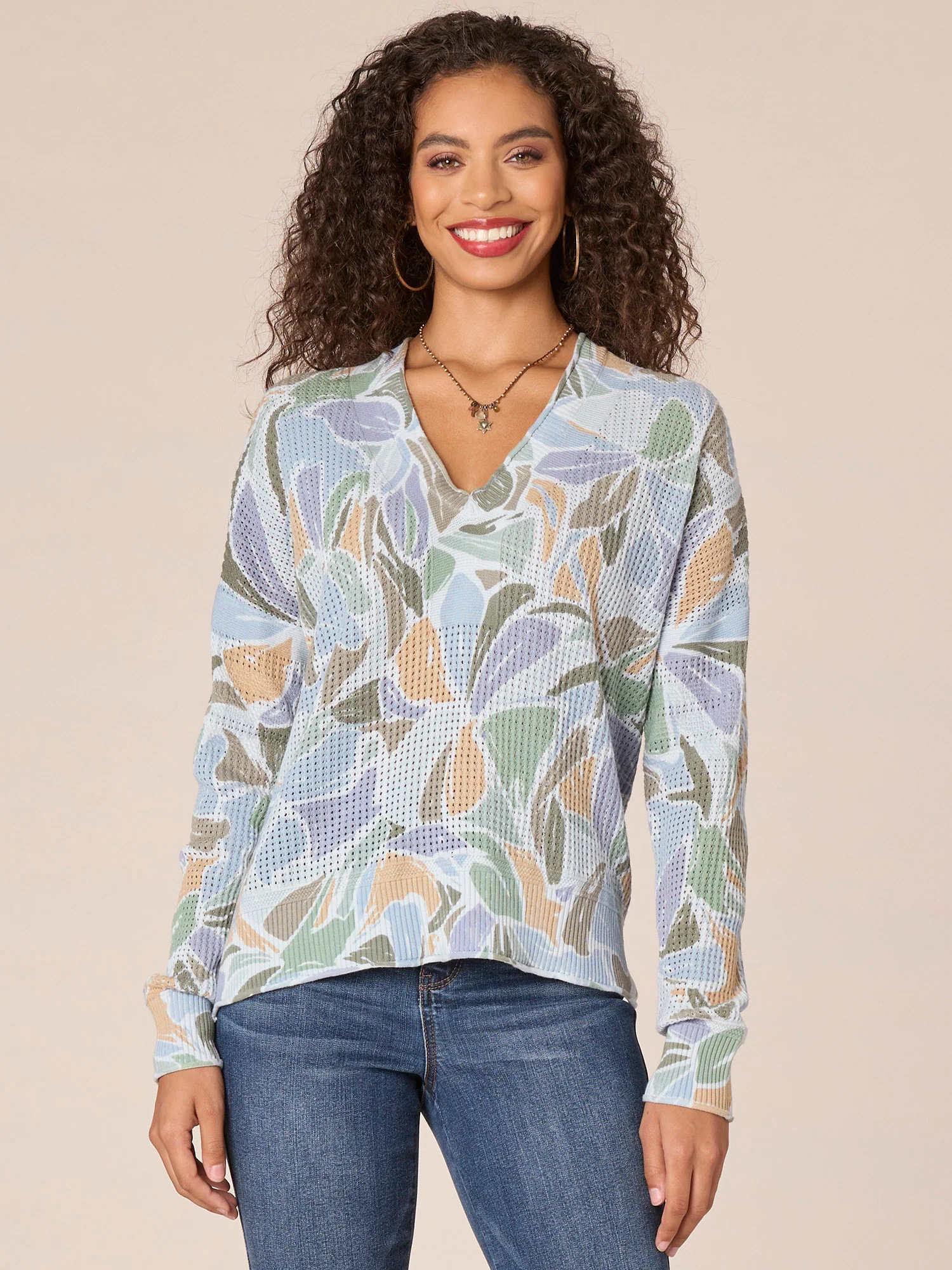 Long Sleeve V-Neck Hi-Low Hem Abstract Print Sweater