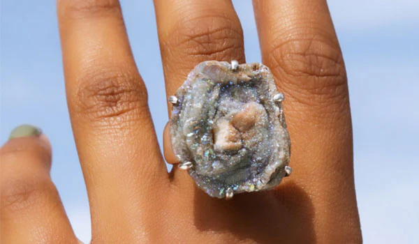 Sterling Silver Blue Chalcedony Drusy Stone Adjustable Ring