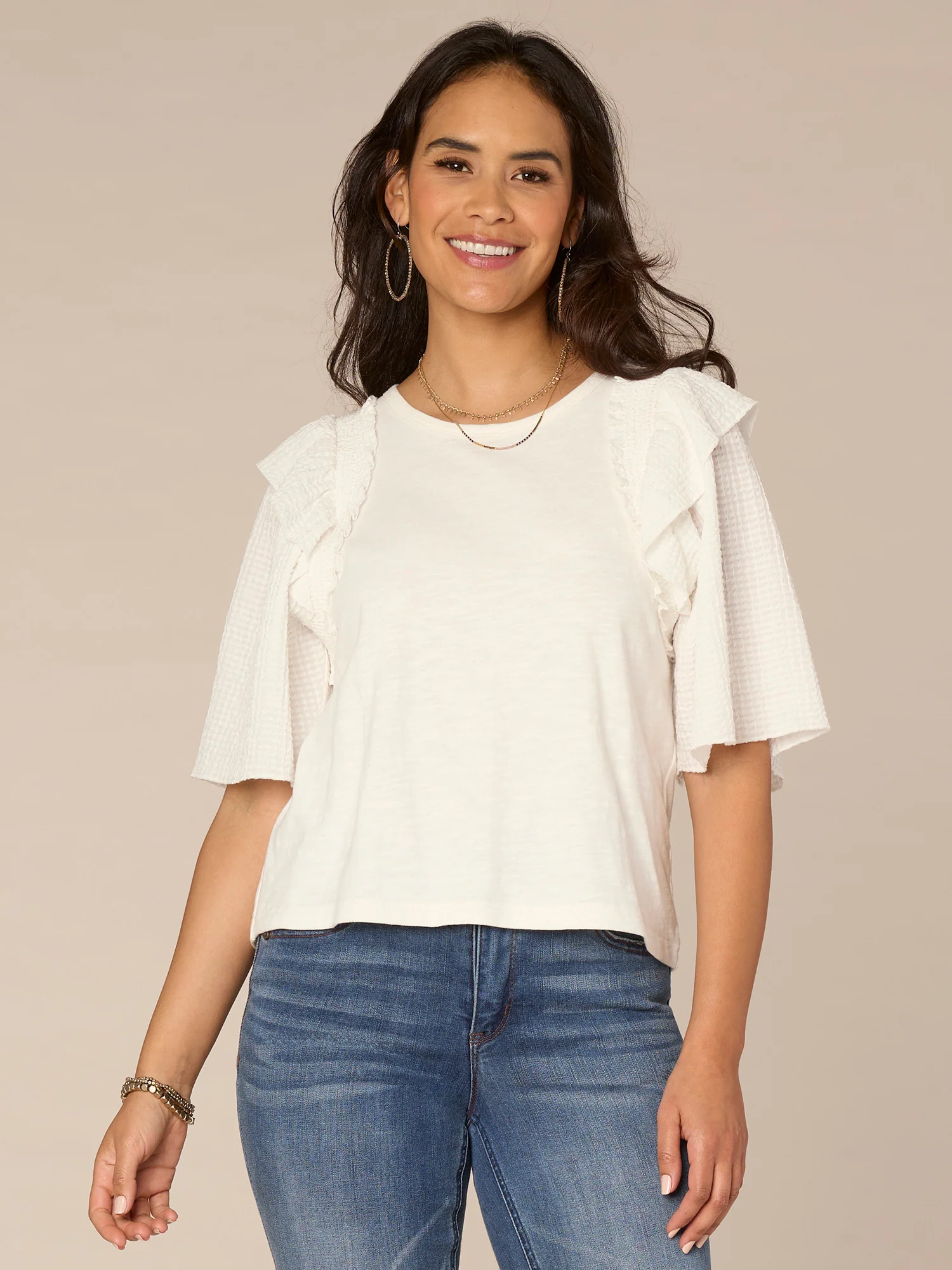 Smock Short Sleeve Ruffle Shoulder Round Neck Mixed Media Top