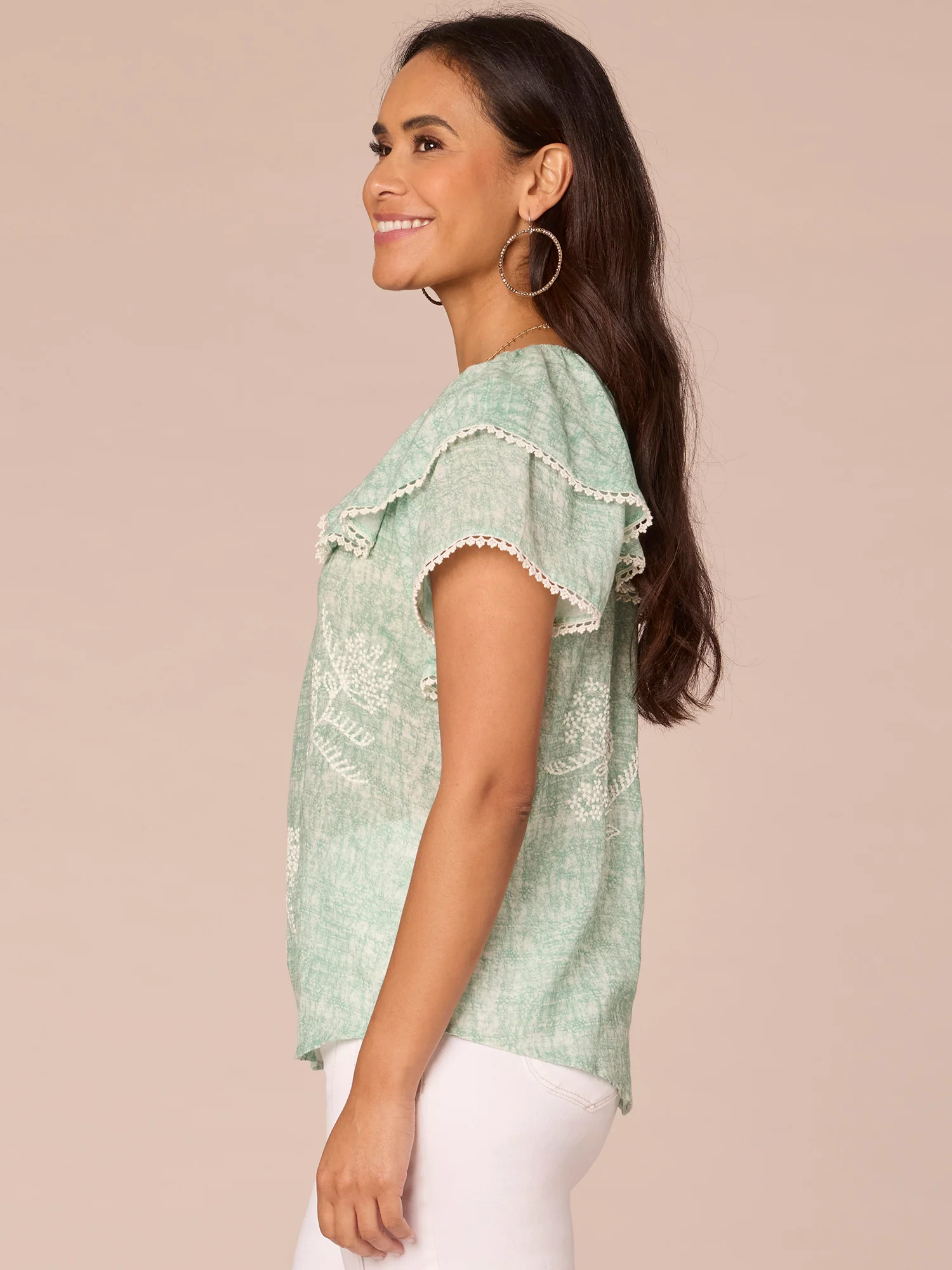 Double Layer Short Flounce Sleeve Round Neck Embroidered Woven Top