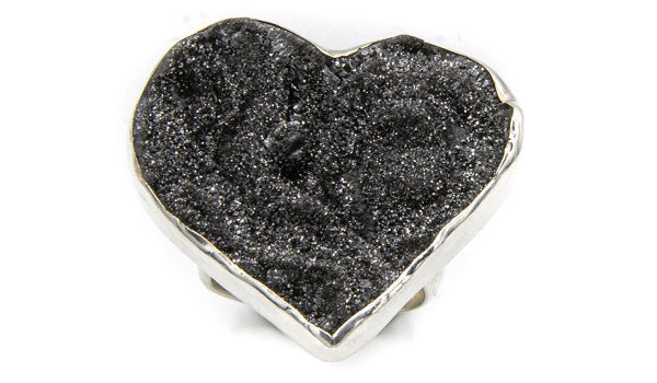 Sterling Silver Black Drusy Heart Adjustable Ring
