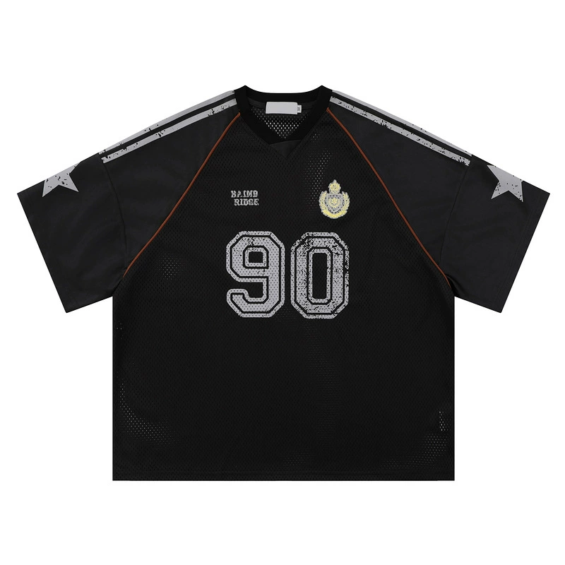 Men's American-style mesh graffiti badge rugby jersey, loose short-sleeved T-shirt
