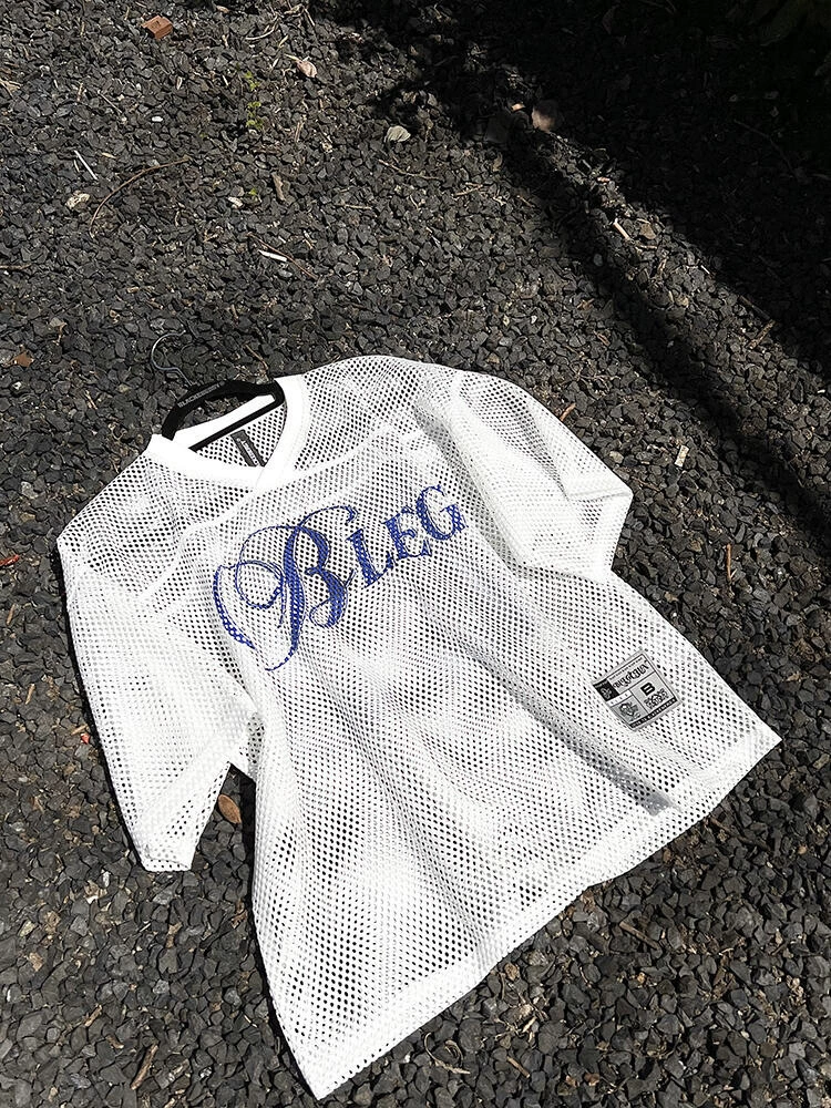 White floral mesh openwork balloon-style short-sleeved men's summer cool sports t-shirt top